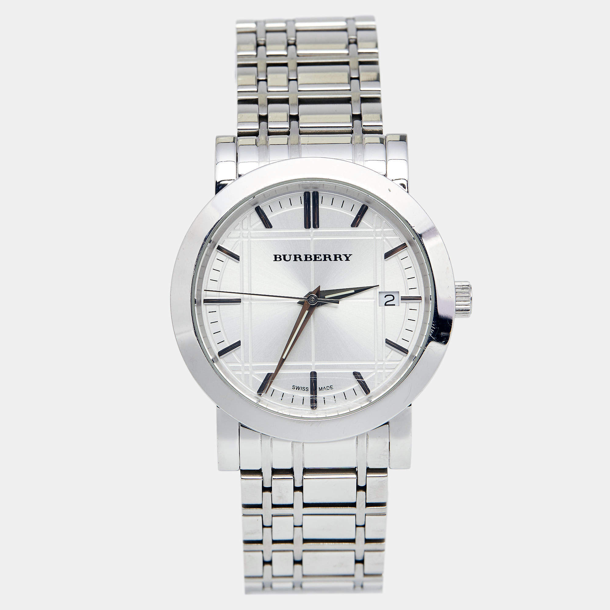 Pre Owned Burberry Silver Stainless Steel Heritage BU1350 Men's Wristwatch 38 mm