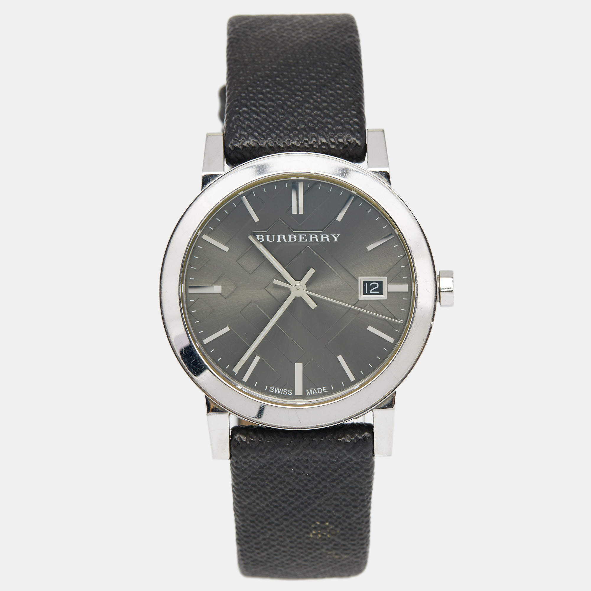 Pre Owned Burberry Grey Stainless Steel Leather Heritage BU9024 Men's Wristwatch 38 mm