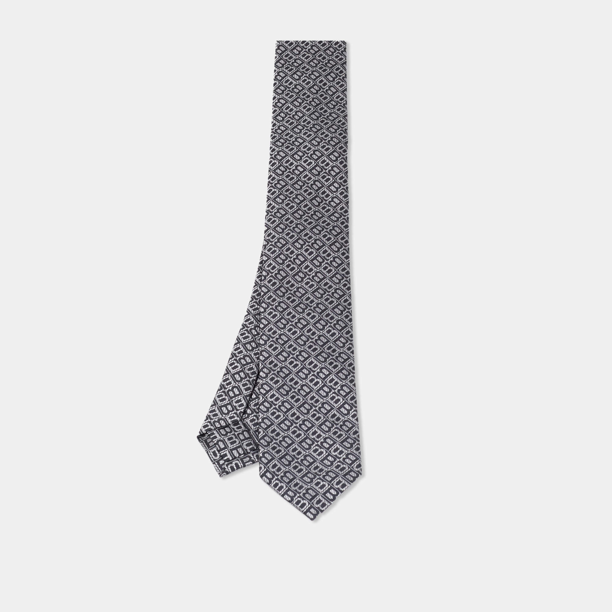Pre Owned Bvlgari Grey Monogram Silk Jacquard Skinny Tie 