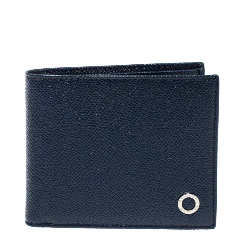 Bvlgari Navy Blue Grained Leather Bifold Wallet