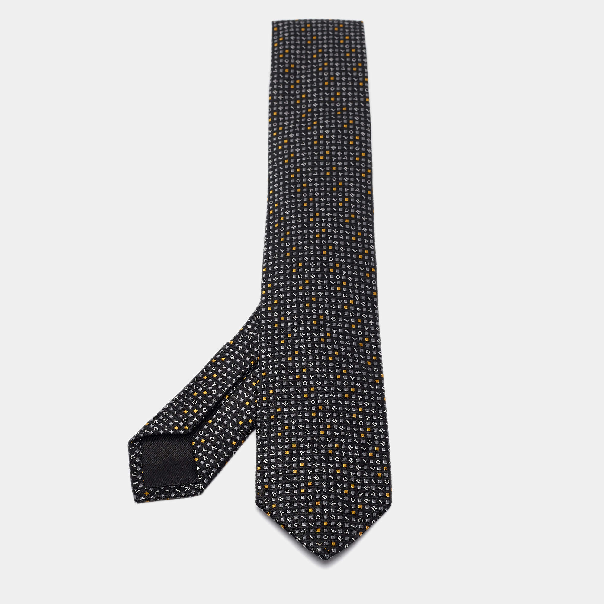 Bvlgari Black Alphabet Seven-Fold Anthracite Jacquard Silk Tie