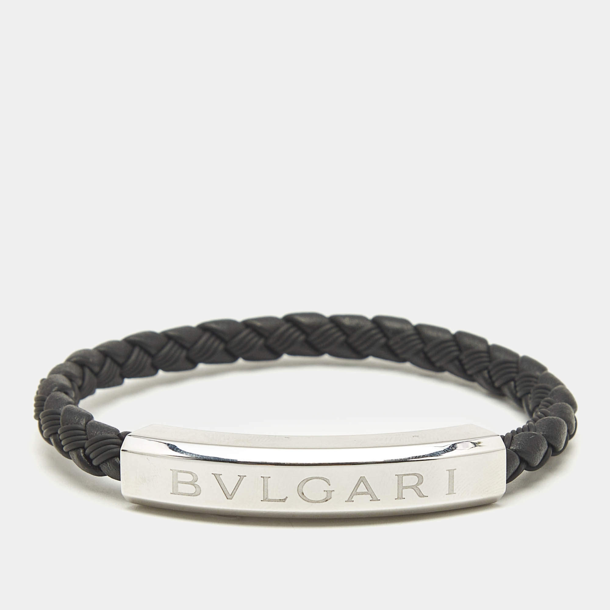 Pre Owned Bvlgari Bvlgari Black Braided Leather Sterling Silver 925 Bracelet
