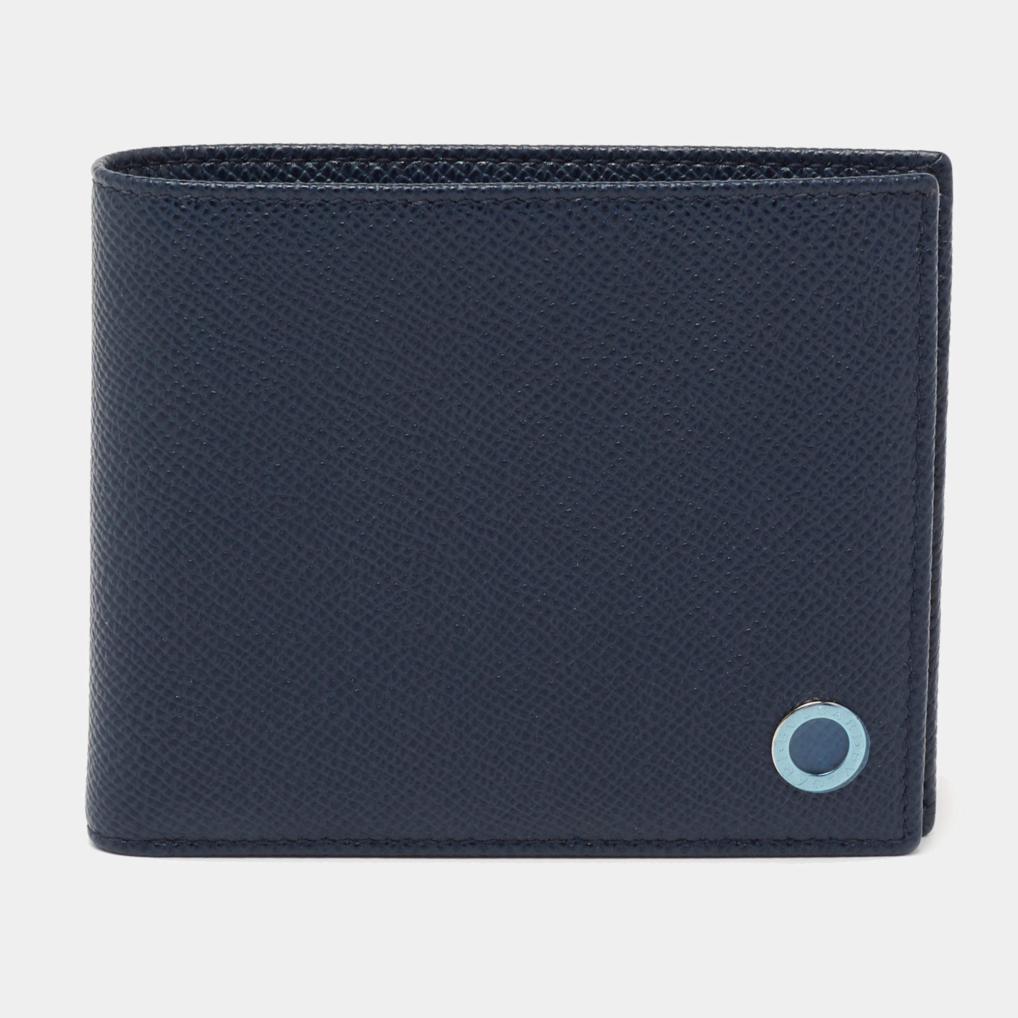 Bvlgari Navy Blue Grained Leather Bifold Compact Wallet