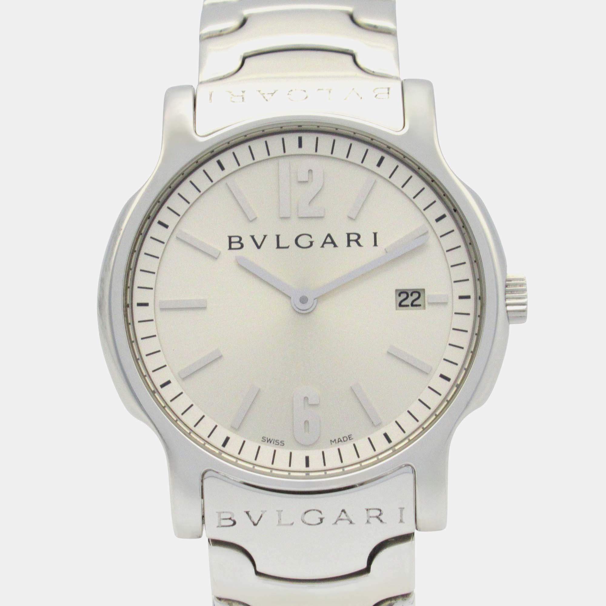 Pre Owned ساعة يد رجالية بلغاري سولوتمبو ستانلس ستيل كوارتز فضية 35.5 مم