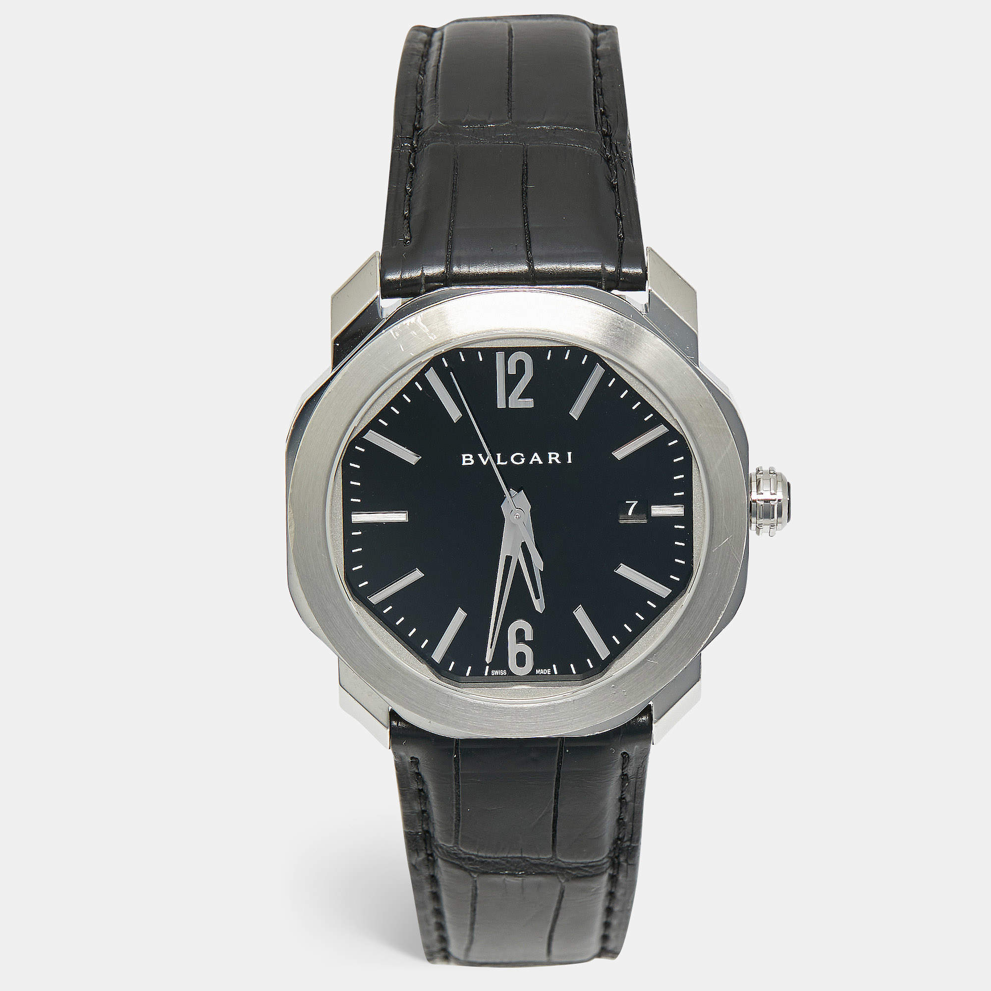 Pre Owned Bvlgari Black Stainless Steel Alligator Octo Roma 103084 Men's Wristwatch 41 mm 