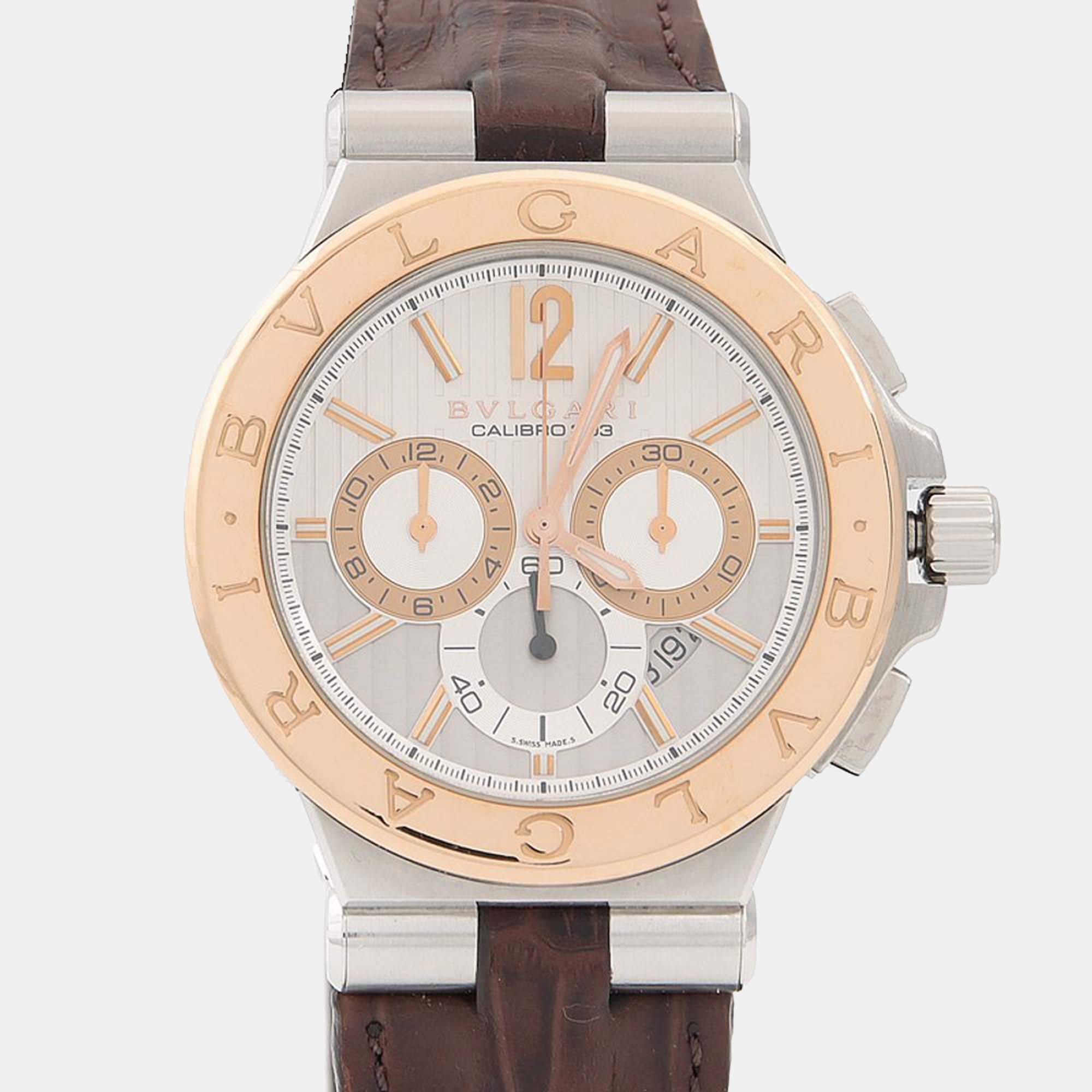 Pre Owned Bvlgari Diagono Calibro 303 DGP42SGCH Automatic White 18K Yellow Gold Stainless Steel Men's Wristwatch 42mm