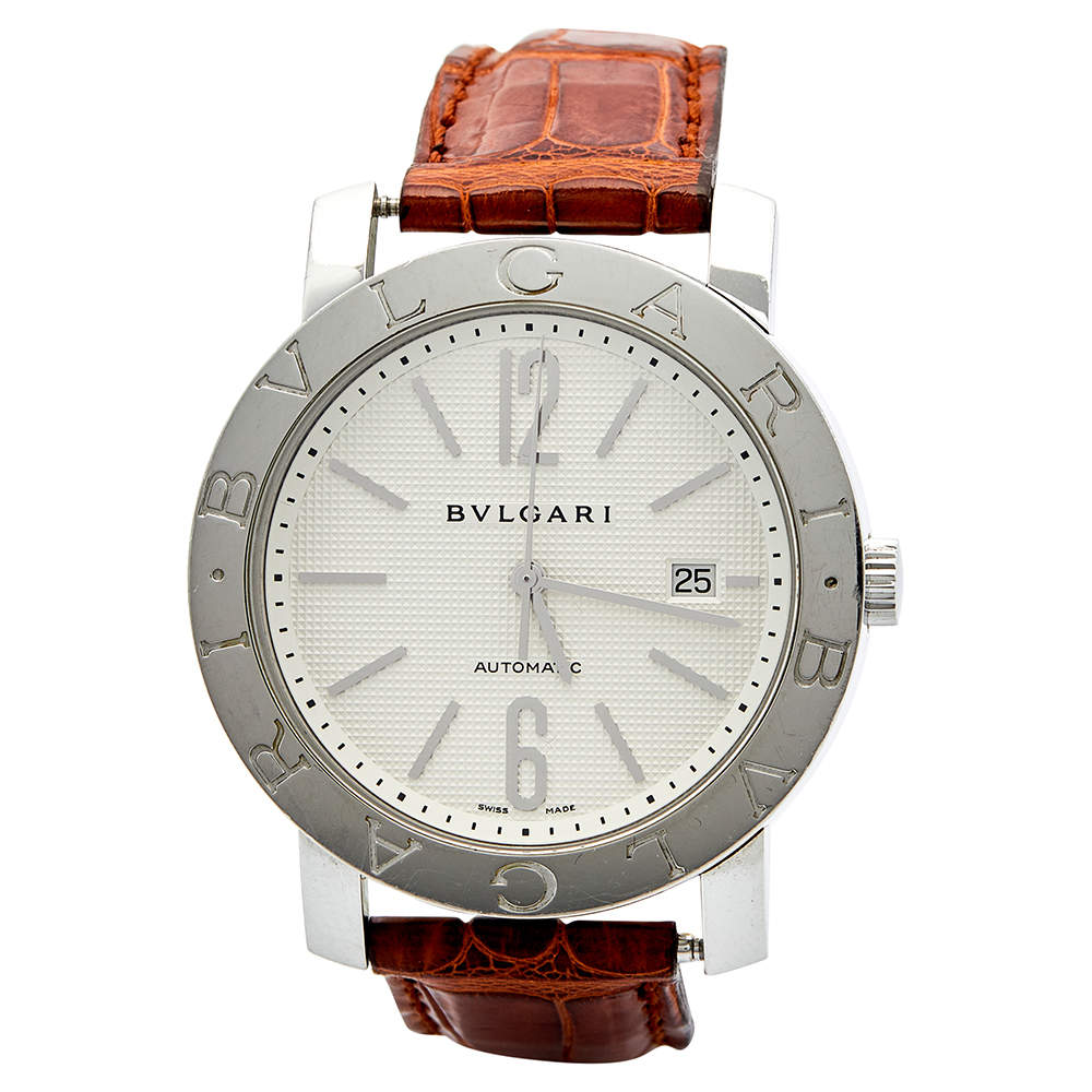 Pre Owned Bvlgari White Stainless Steel Crocodile Bvlgari BB 42 SL Men's Wristwatch 42 mm