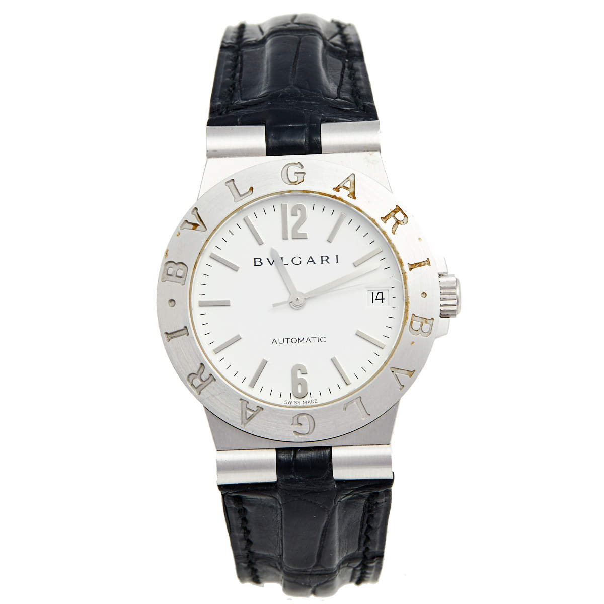 Bvlgari White 18K White Gold Alligator Leather Diagono Men's Wristwatch 35 mm