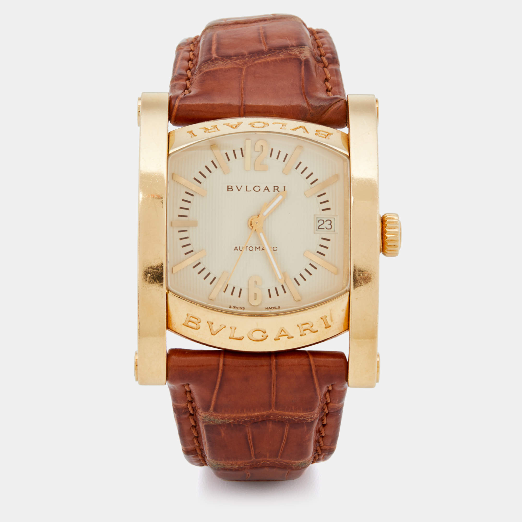 Pre Owned Bvlgari Cream 18k Yellow Gold Alligator Assioma AA 44 G Men's Wristwatch 44 mm