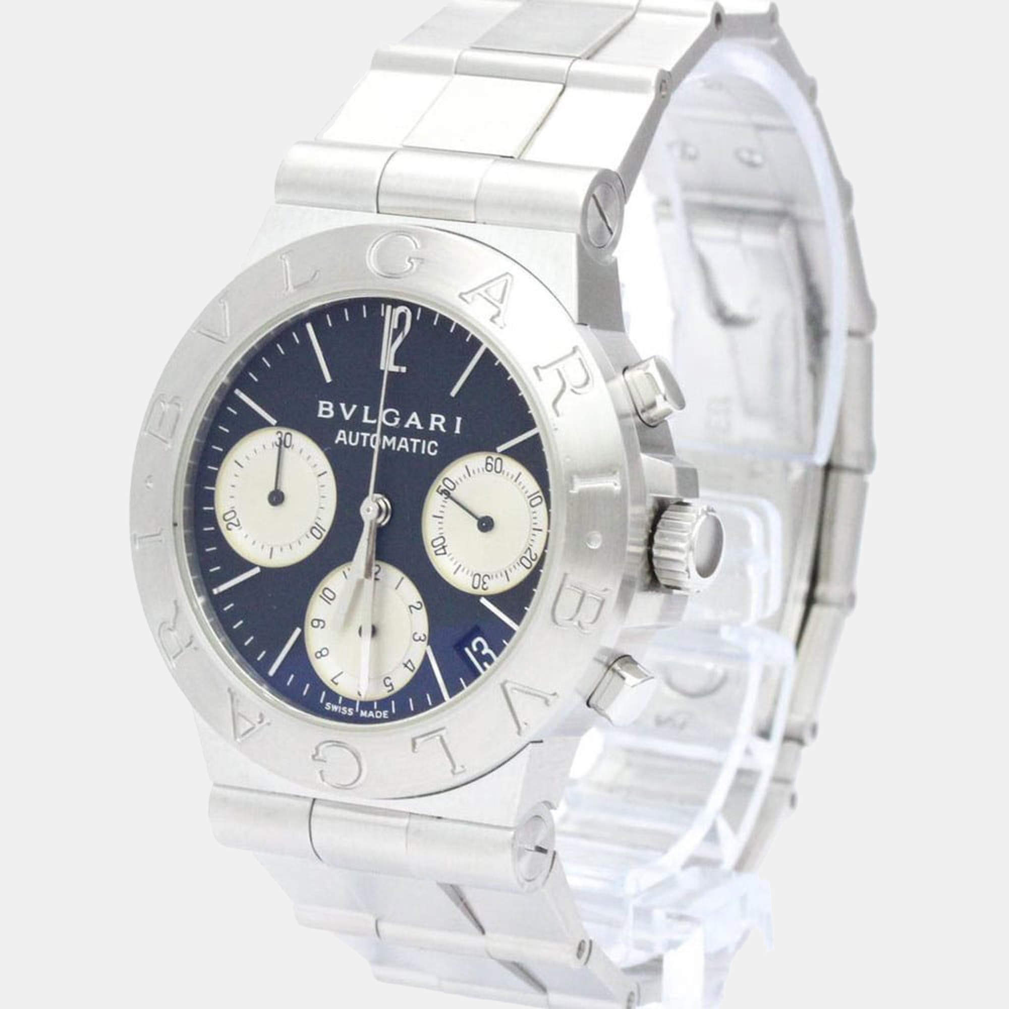 Pre Owned Bvlgari Black Stainless Steel Diagono CH35S AUTO Automatic Men's Wristwatch 35 mm