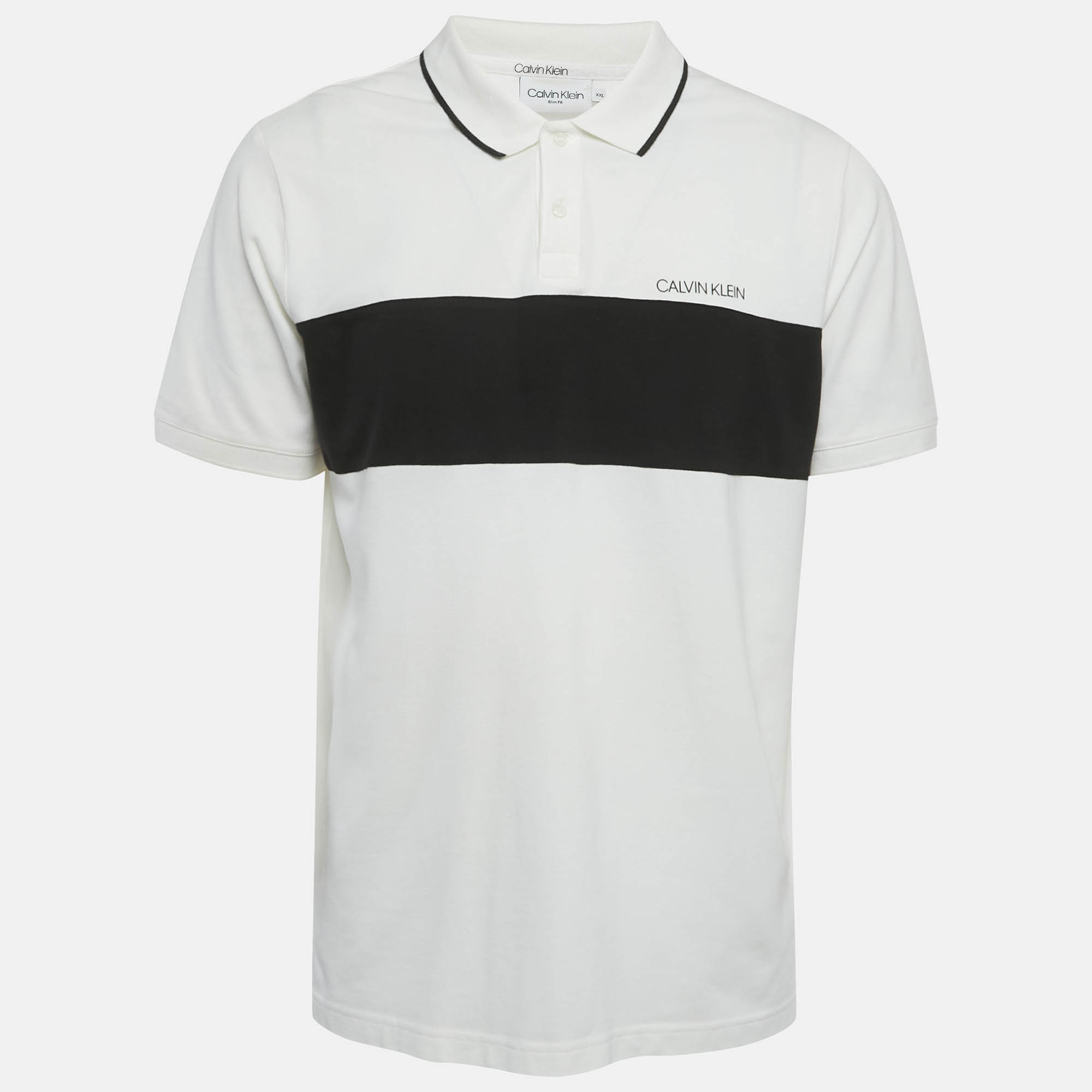 Pre Owned Calvin Klein White Logo Applique Cotton Slim Fit Polo T-Shirt XXL 