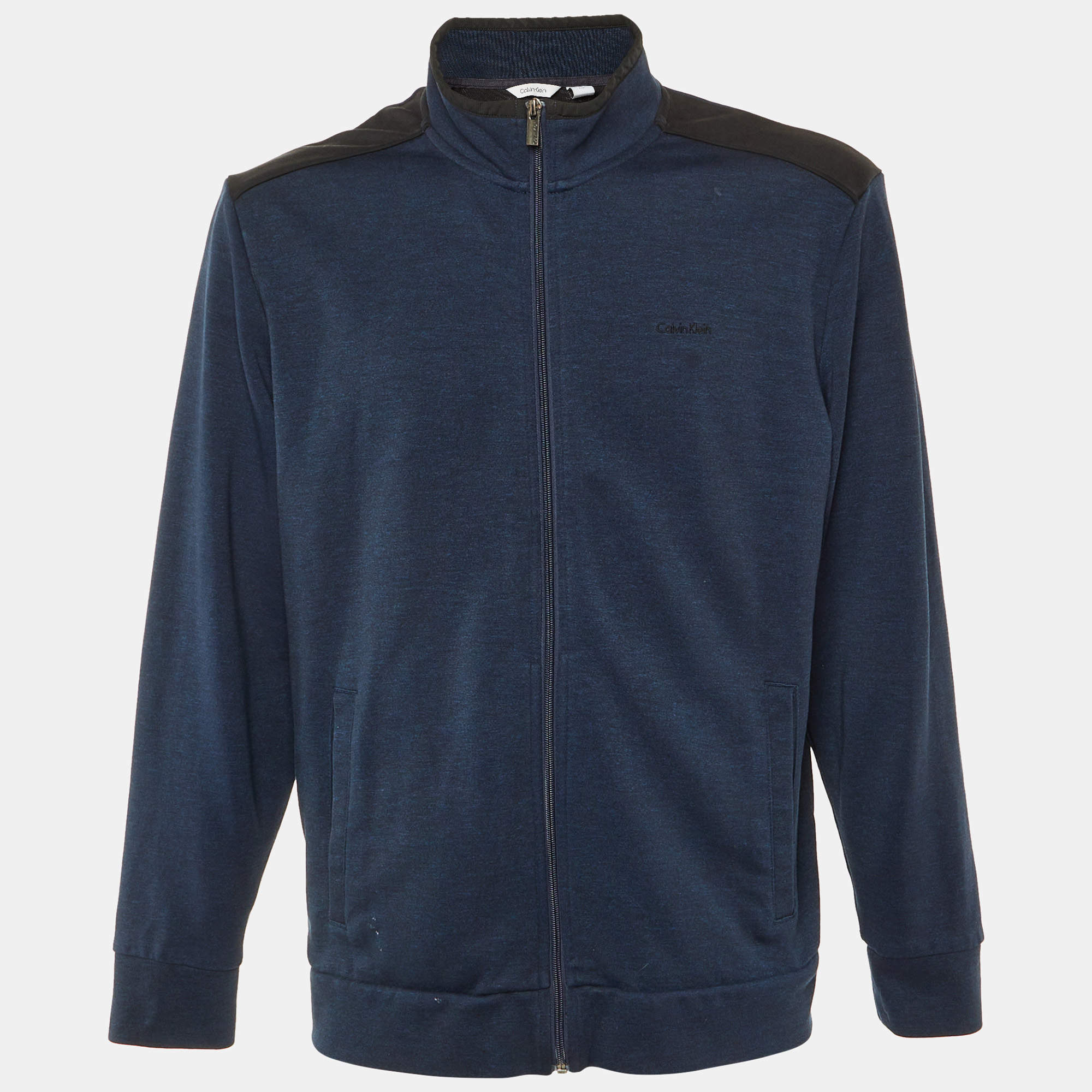 مملوكة مسبقًا جاكيت كالفن كلاين جيرسي أزرق داكن بمقاس كبير بسحاب