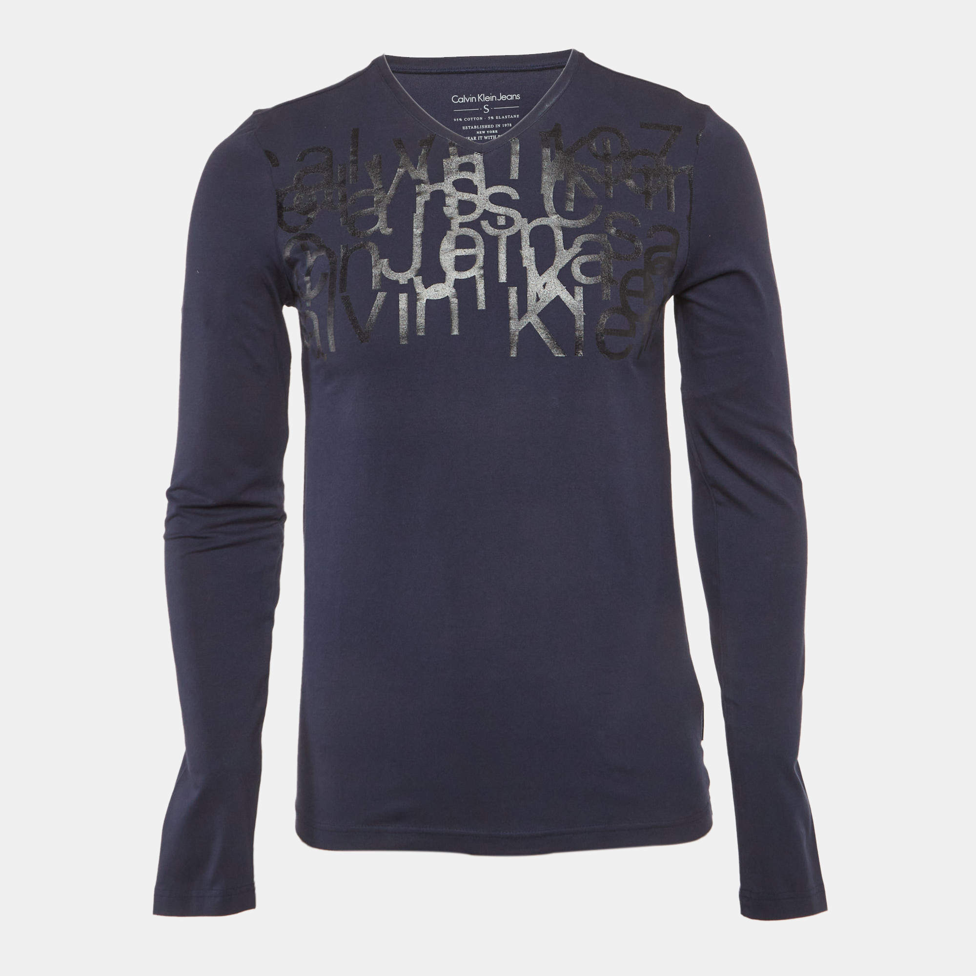 Pre Owned Calvin Klein Navy Blue Printed Jersey V-Neck T-Shirt S