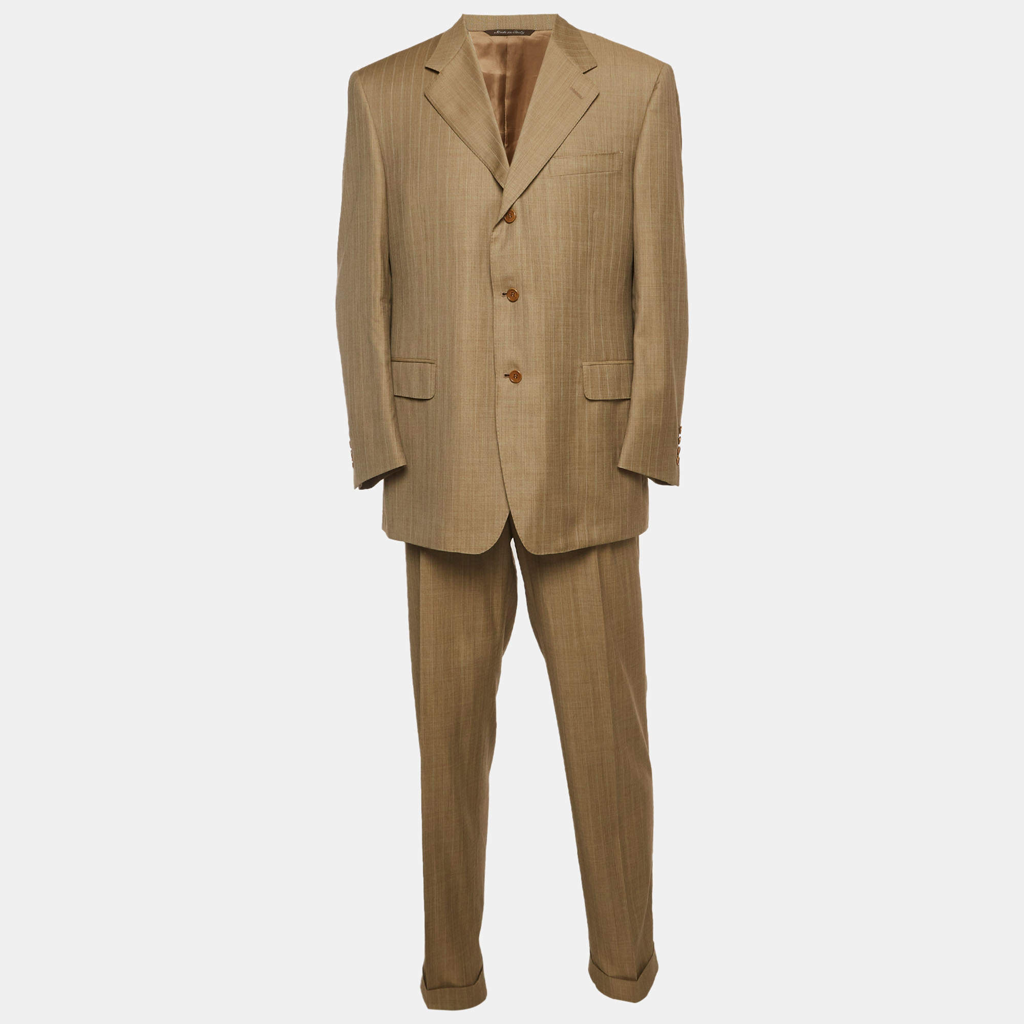 Pre Owned Canali Beige Pinstripe Wool Regular Fit Suit XXL
