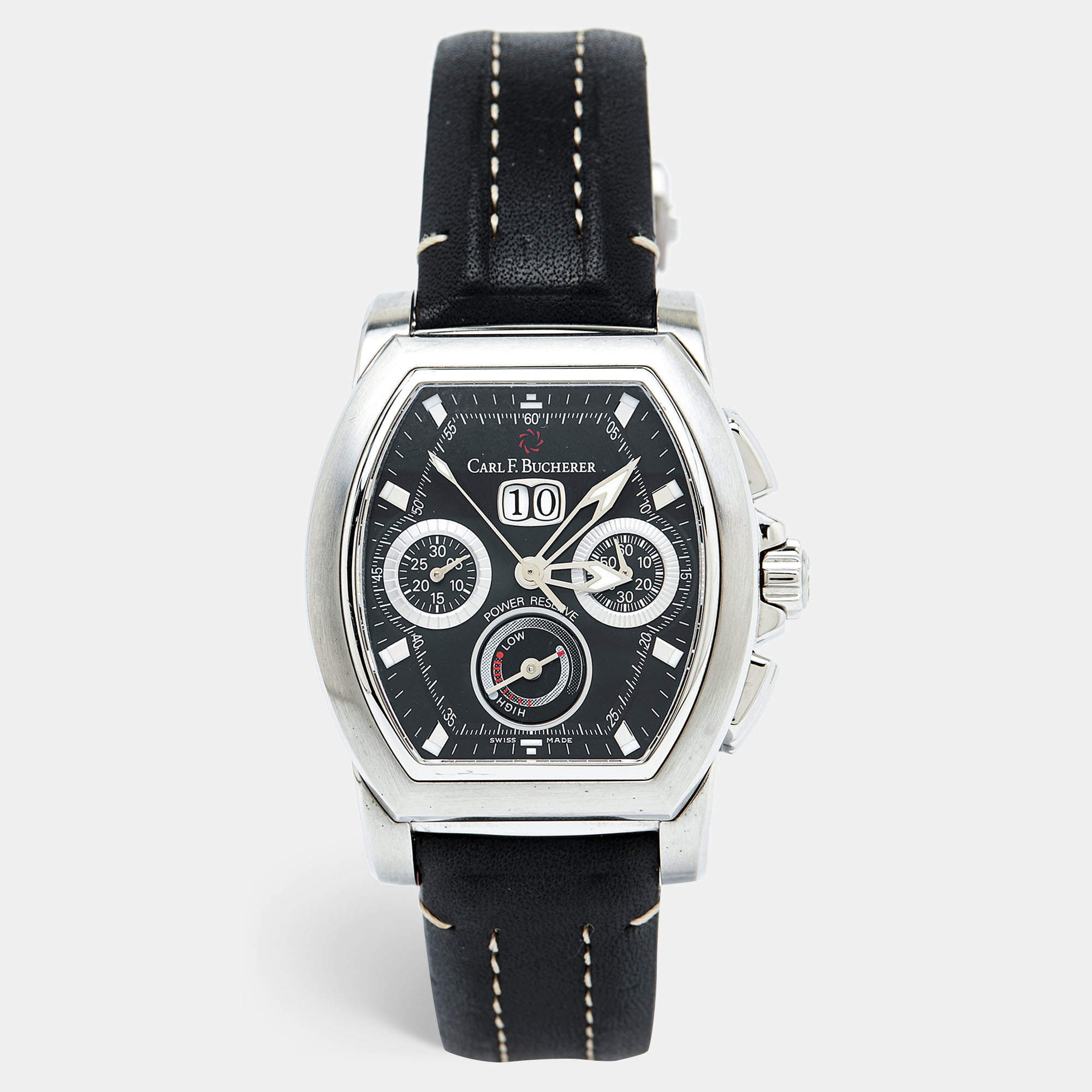Pre Owned Carl F. Bucherer Black Stainless Steel Leather Patravi T-Graph 00.10615.08.33.01 Men's Wristwatch 39 mm