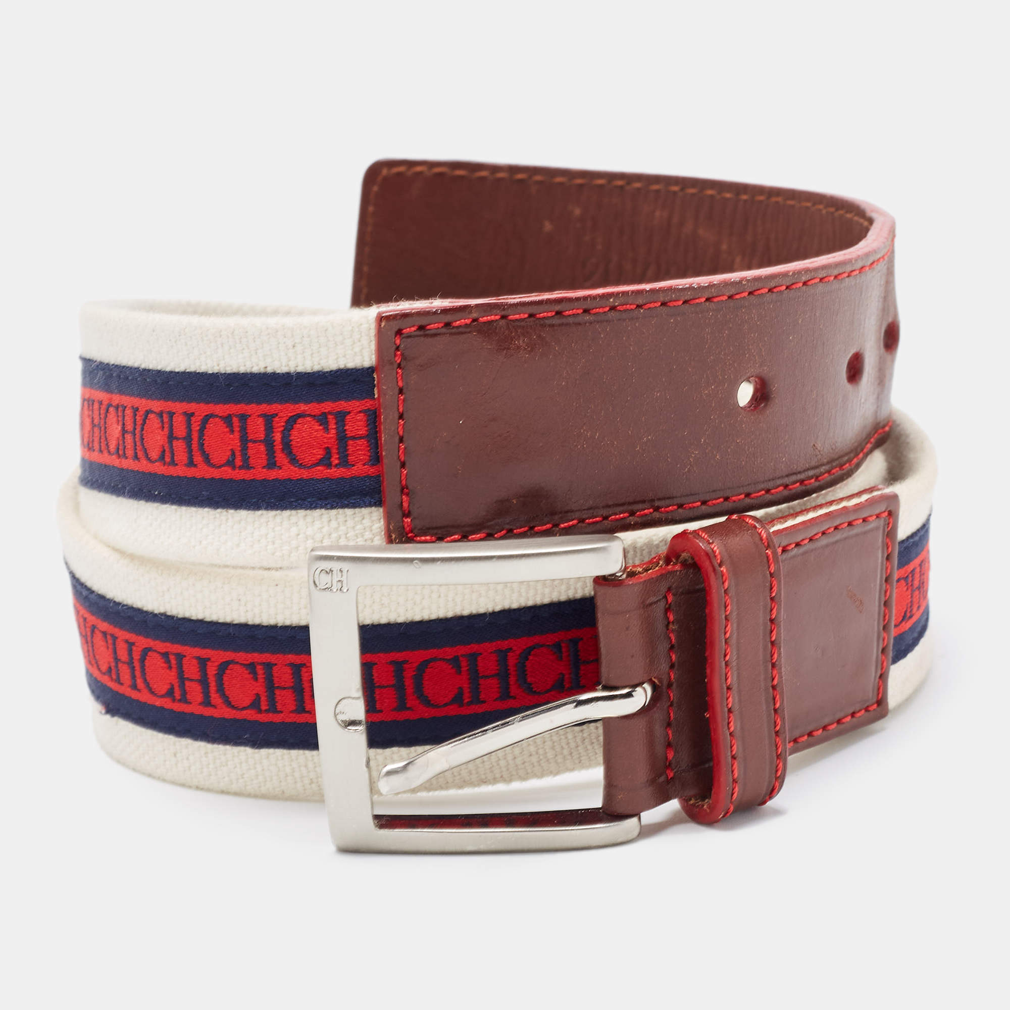 Pre Owned Carolina Herrera Burgundy/White Leather and Canvas Logo Buckle Belt 90CM