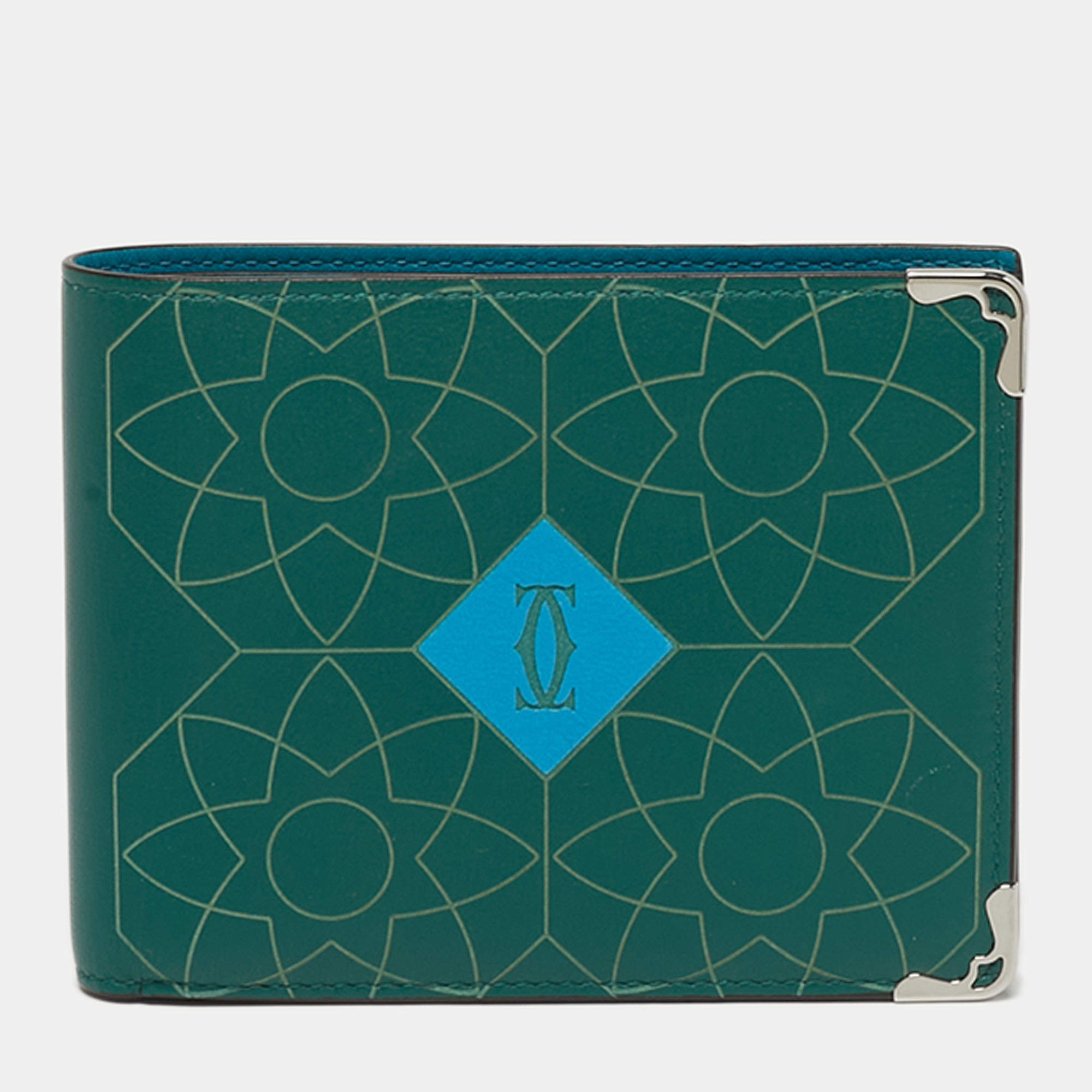 Pre Owned محفظة كارتتييه ماست دو كارتتييه جلد محفور أخضر/أزرق طيه مزدوجة