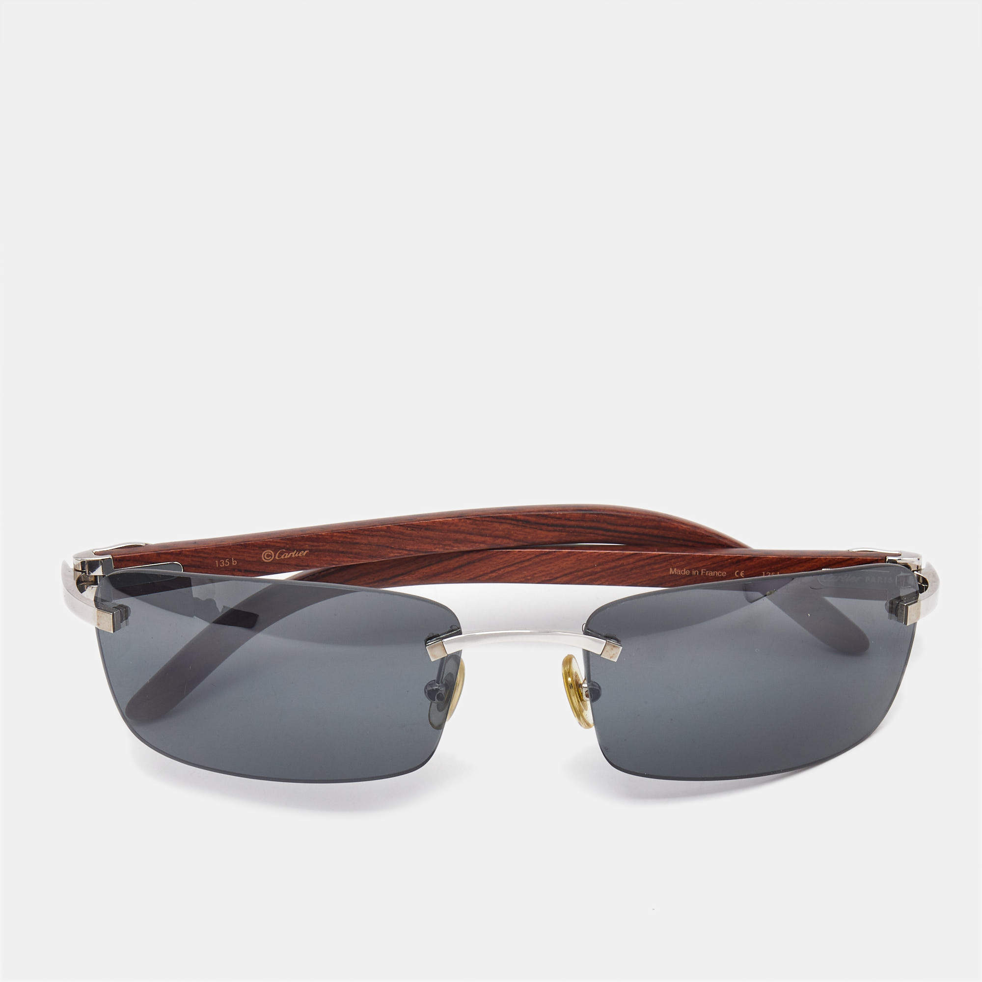 Pre Owned Cartier Black Brown Decor C Wood Rectangle Sunglasses