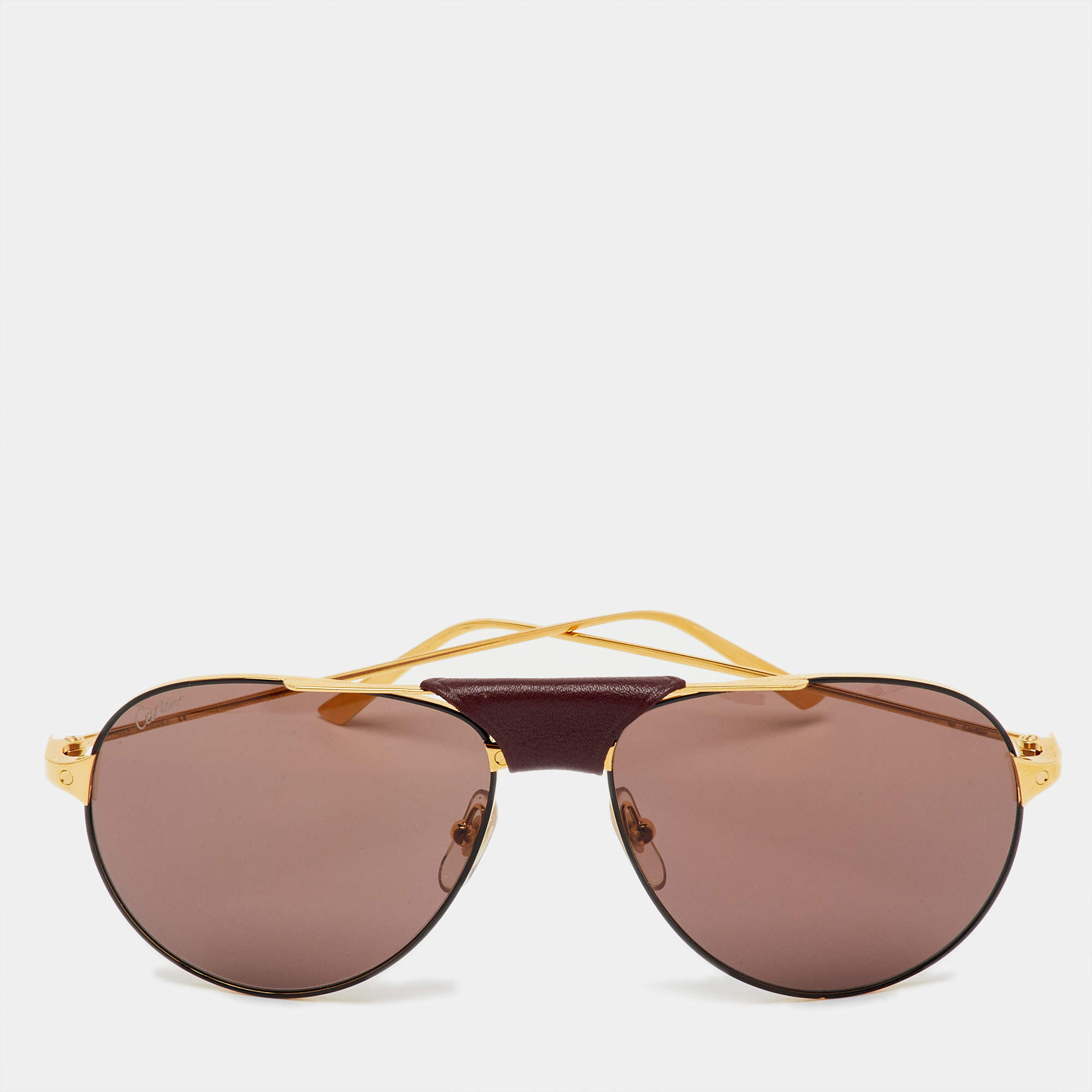 Pre Owned Cartier Gold Tone/Brown CT0038S Aviator Sunglasses