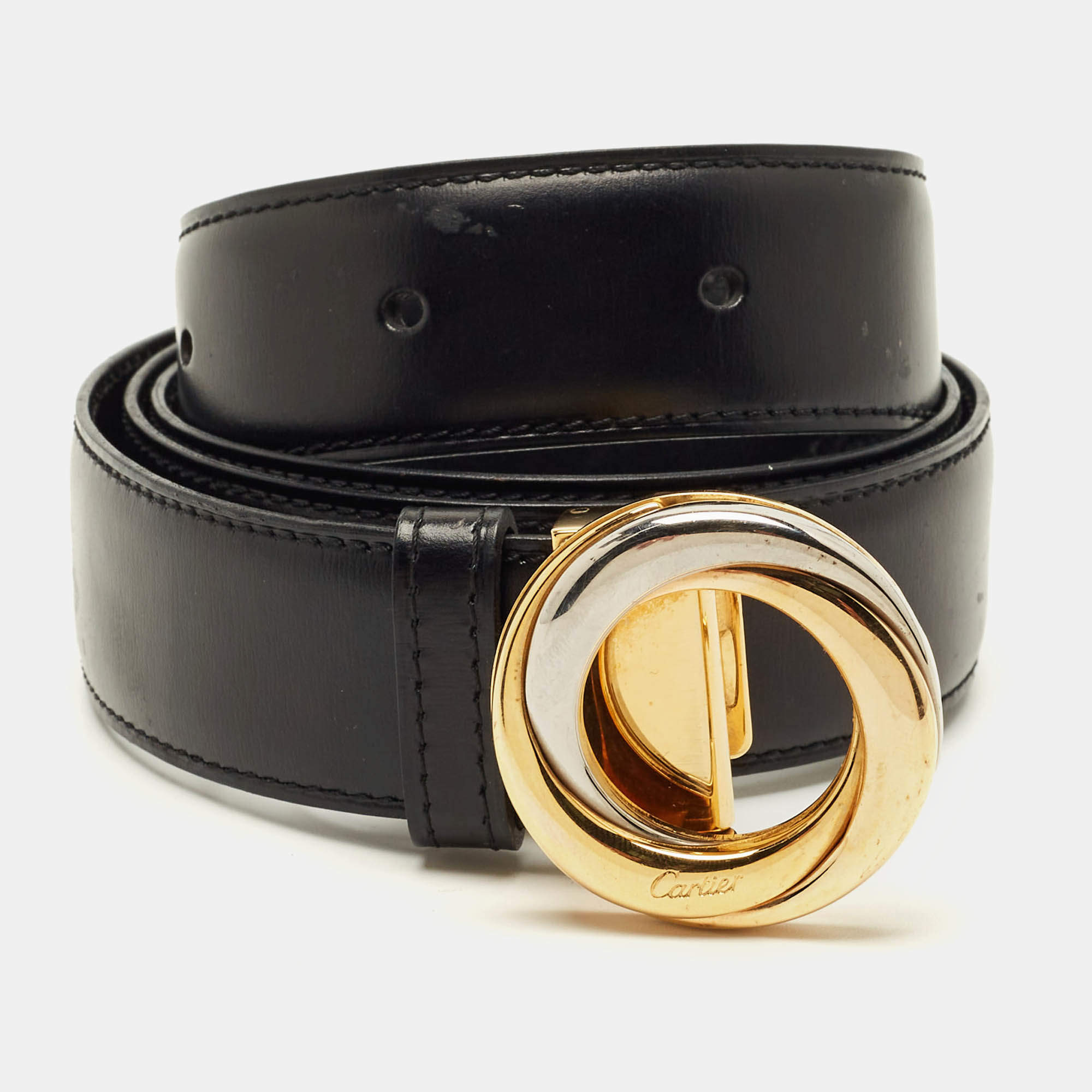 Pre Owned Cartier Trinity Cut to Size Belt Black Leather