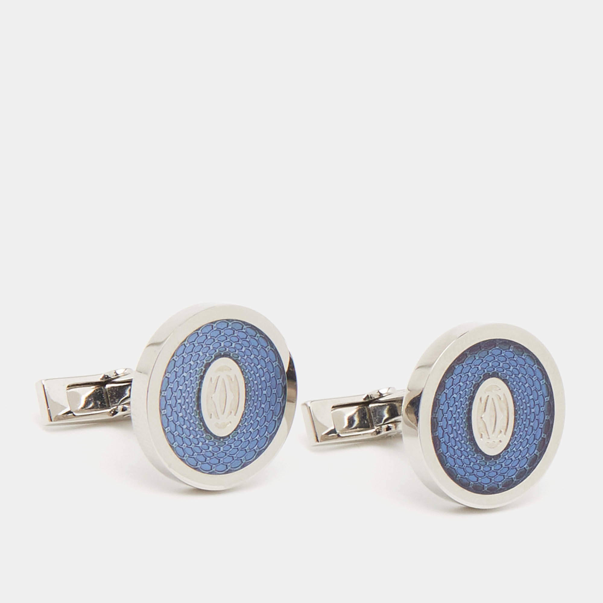 Pre Owned Cartier C De Cartier Blue Enamel Sterling Silver Cufflinks