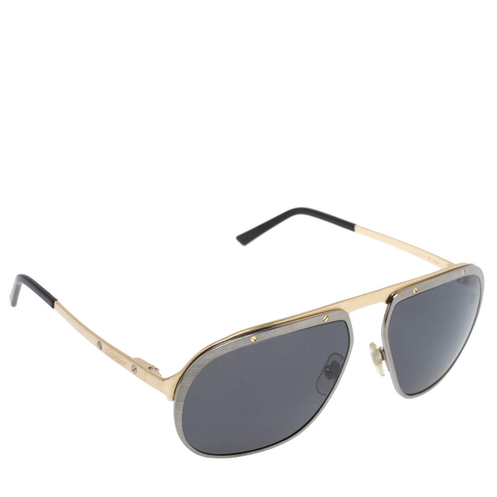 Cartier Brushed Metal/ Grey CT0035S Polarized Santos de Cartier Aviator Sunglasses