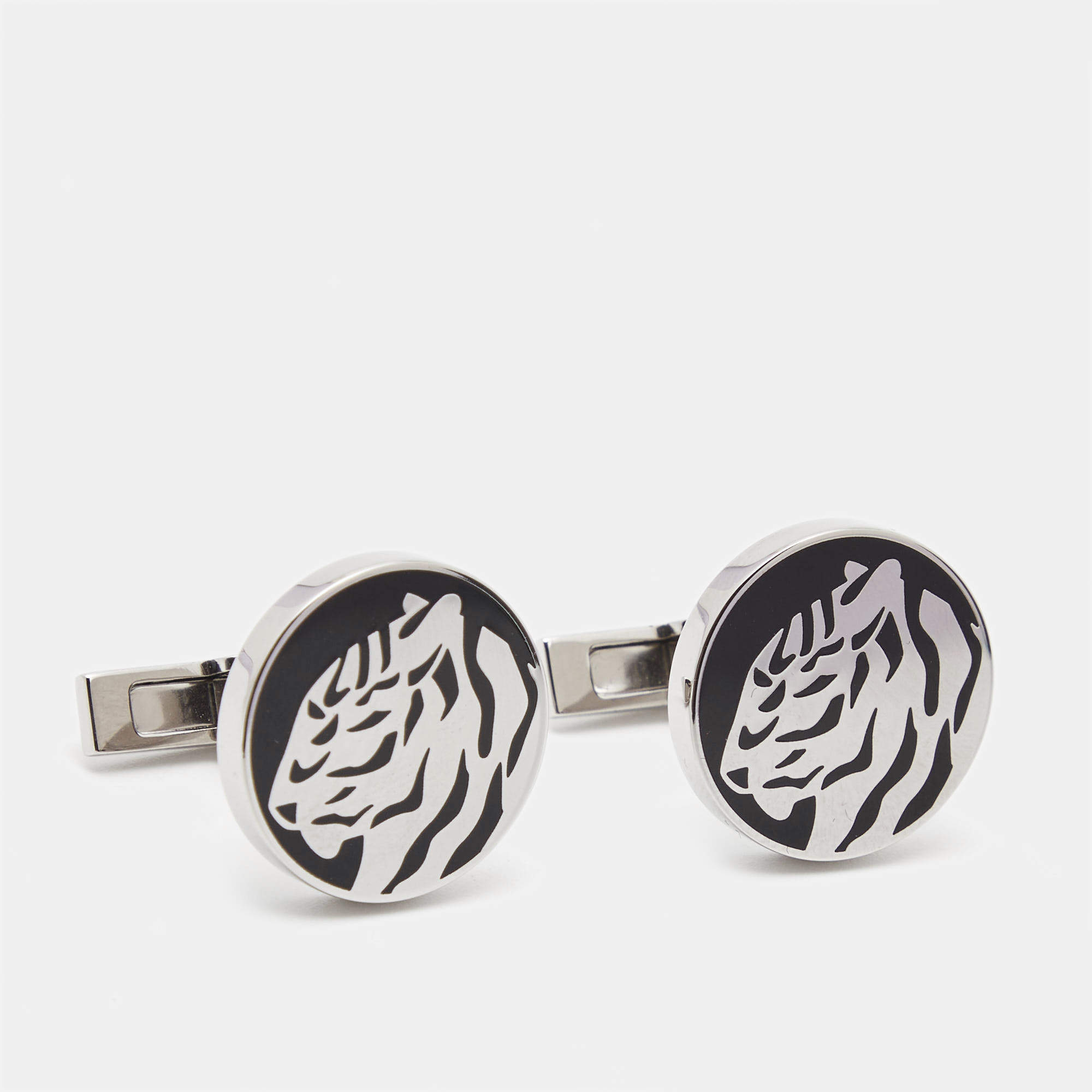 Cartier Tiger Enamel Sterling Silver Stainless Steel Cufflinks