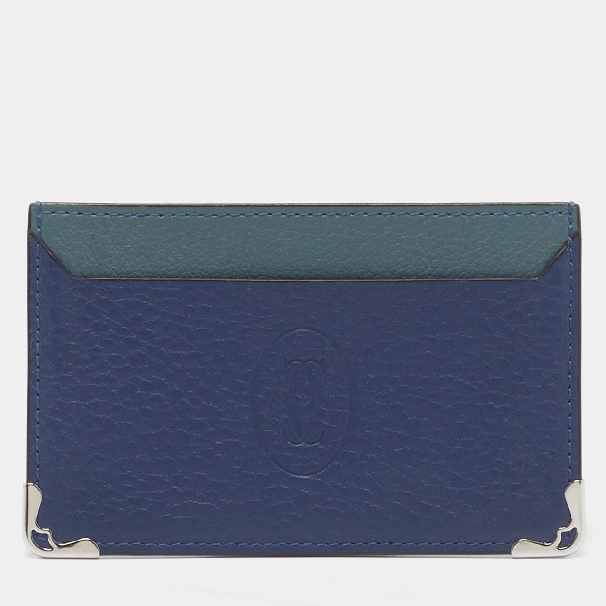 Pre Owned Cartier Must De Cartier Two Tone Blue Leather Card Holder