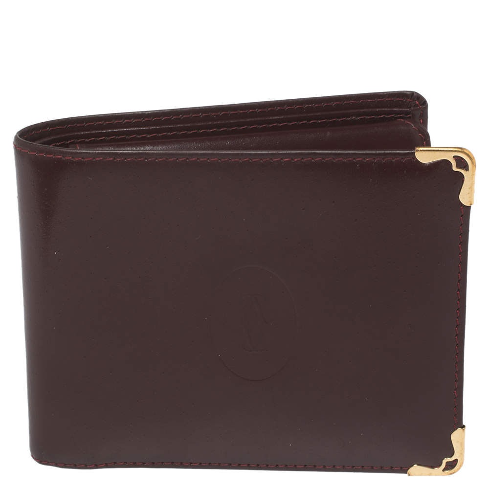 Pre Owned Cartier Maroon Leather Must De Cartier 6CC Bifold Wallet