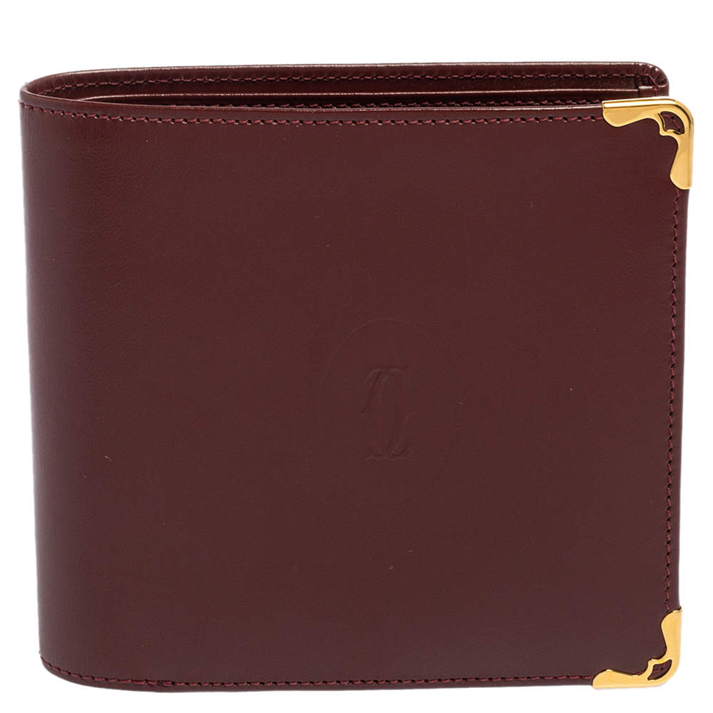 Pre Owned Cartier Maroon Leather Must De Cartier Bifold Wallet