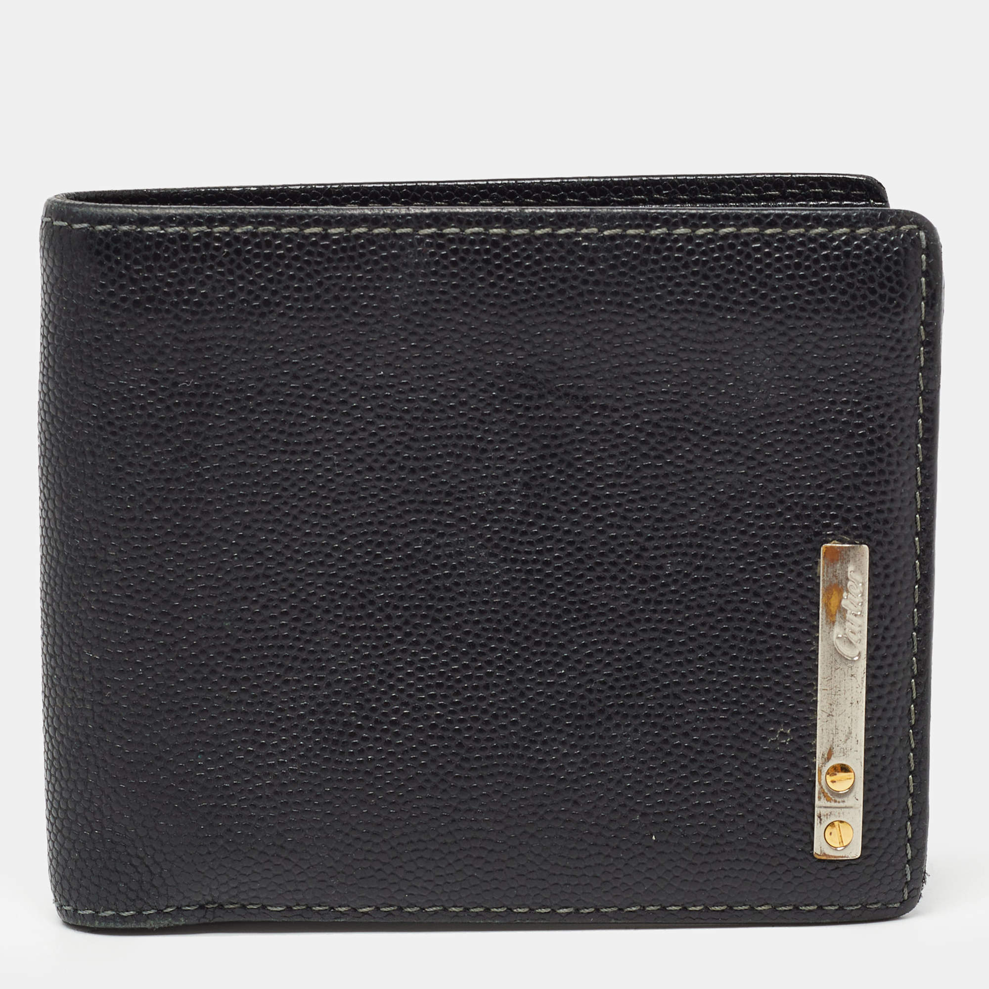 Pre Owned Cartier Black Leather Logo Bifold Wallet