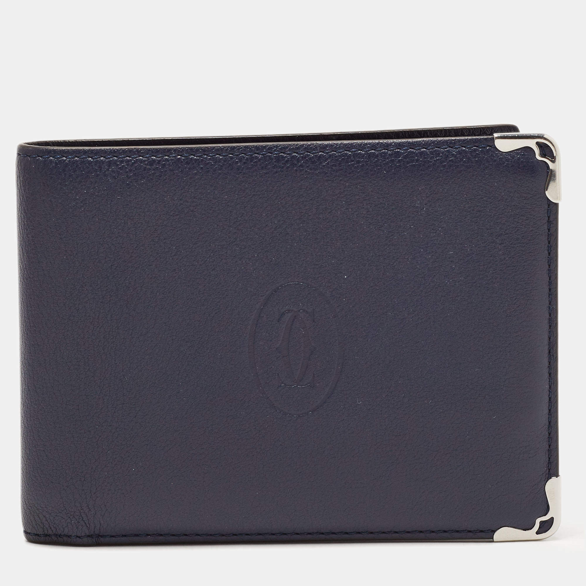 Pre Owned Cartier Navy Blue Leather Must de Cartier Bifold Wallet