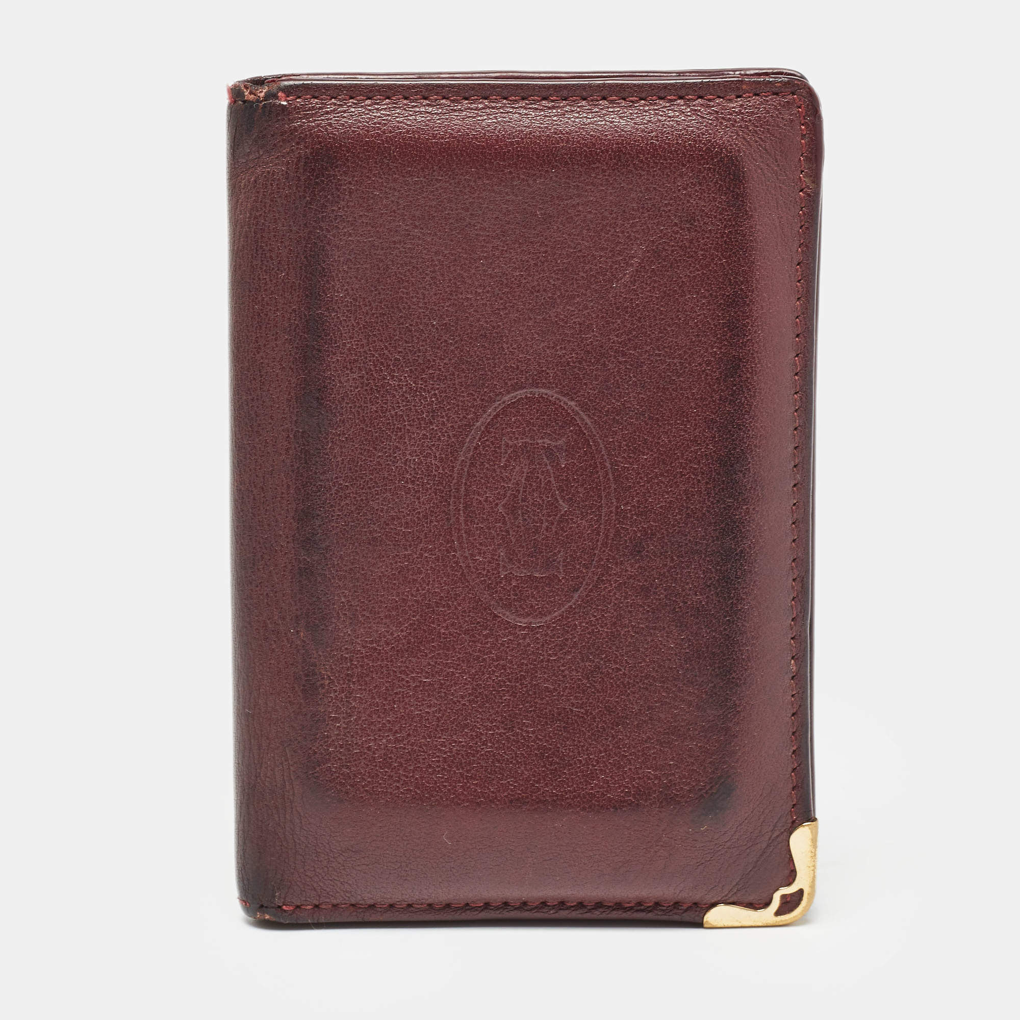 Pre Owned Cartier Burgundy Leather Must De Cartier Bifold Card Holder