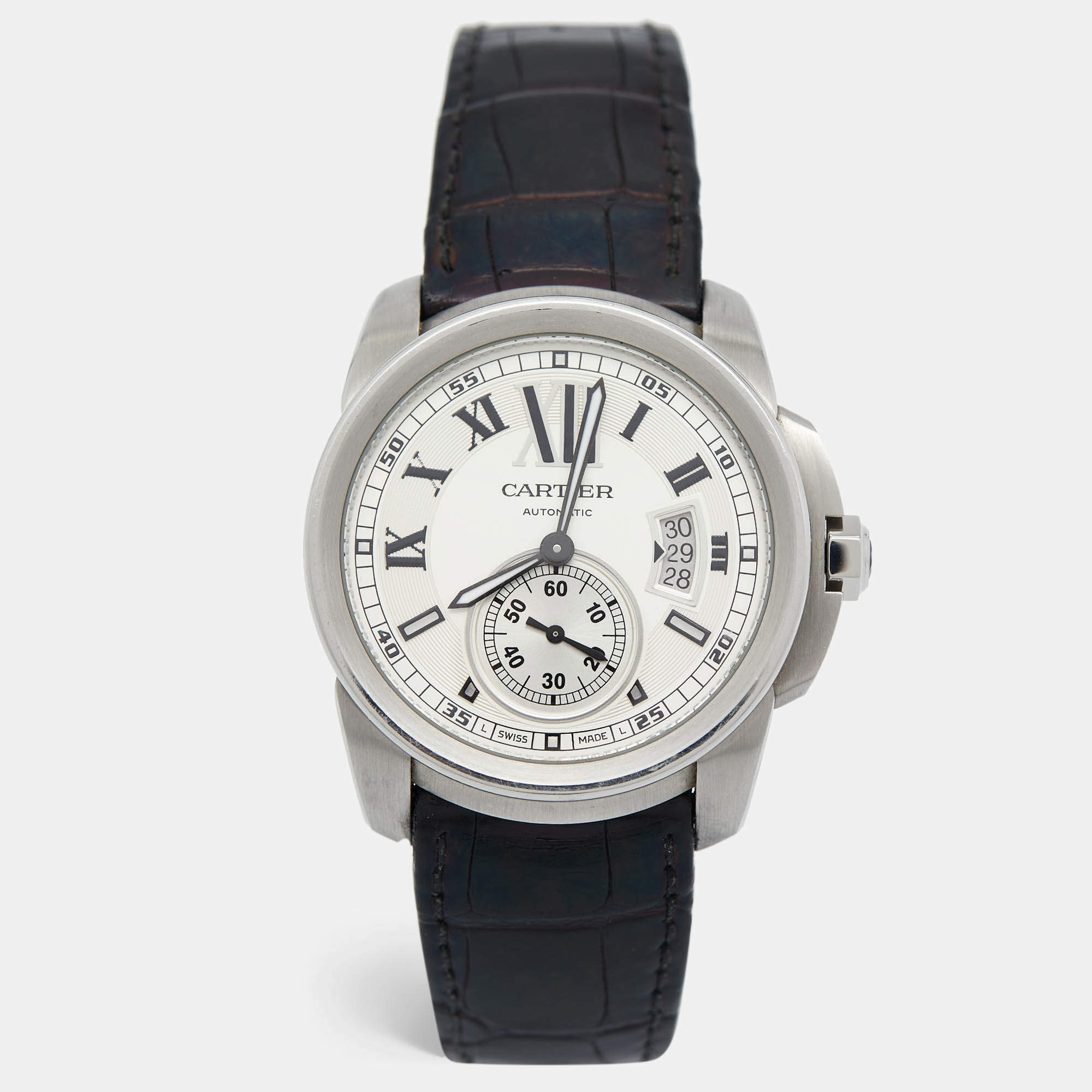 Pre Owned Cartier Silver Stainless Steel Alligator Leather Calibre De Cartier W7100037 Men's Wristwatch 42 mm