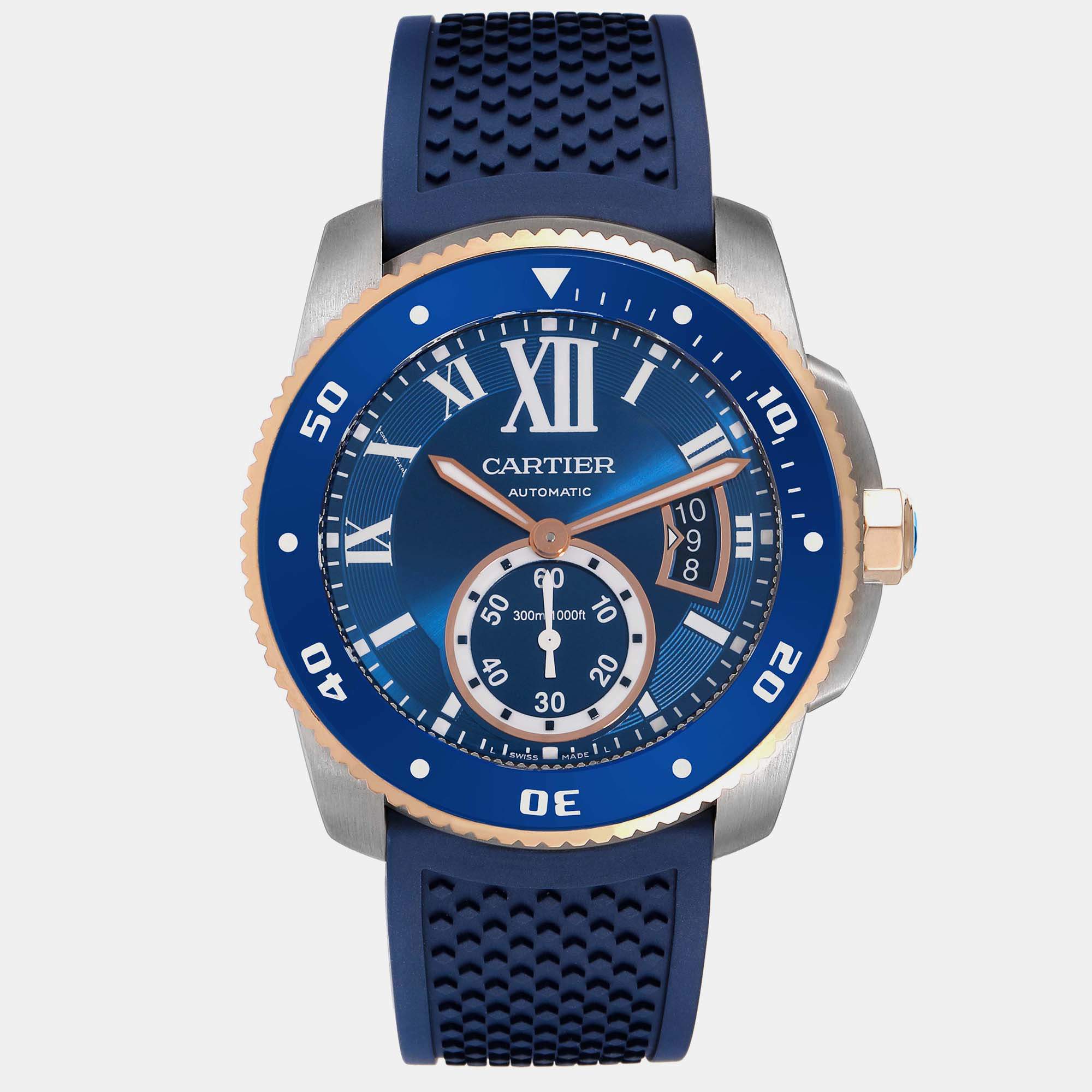 Cartier Calibre Diver Steel Rose Gold Blue Dial Watch W2CA0009 42 mm