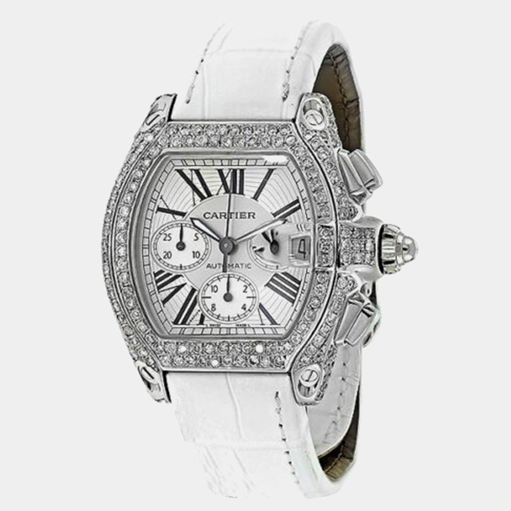 Cartier Customised Black 6.00CT Diamond Stainless Steel Roadster W62020X6 Automatic Men's Wristwatch 47 MM