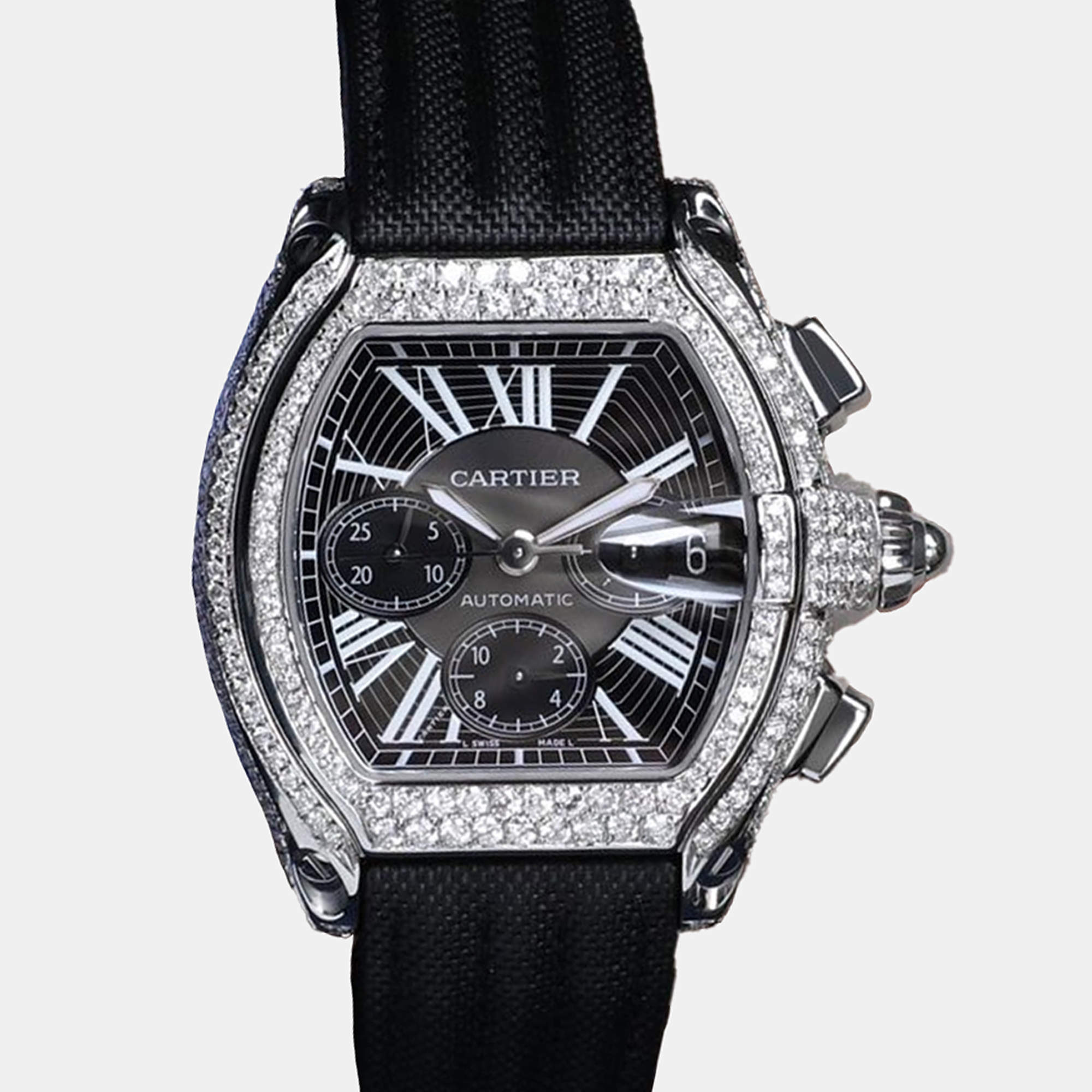 Cartier Customised Black 6.00CT Diamond Stainless Steel Roadster W62020X6 Automatic Men's Wristwatch 47.6mm