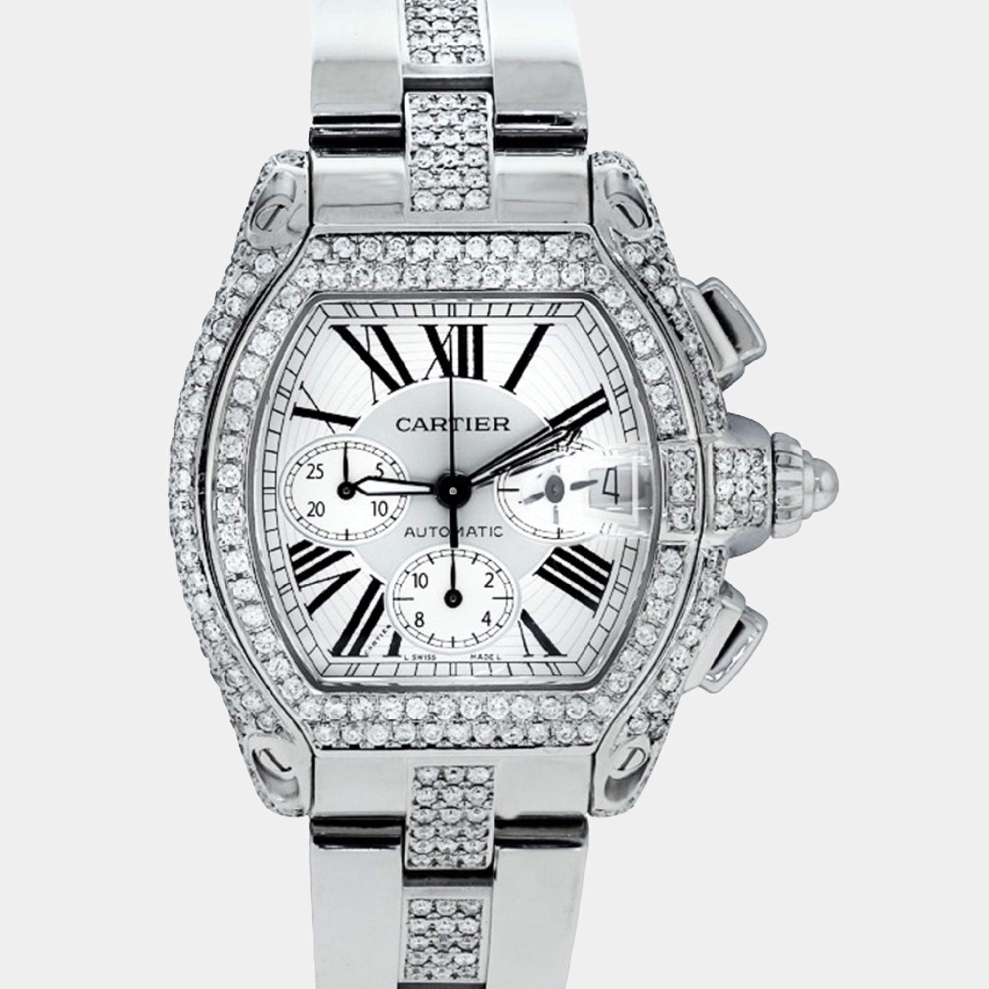 Cartier Customised Silver MOP 10.00CT Diamond Stainless Steel Roadster W62019X6 Automatic Men's Wristwatch 47.6mm
