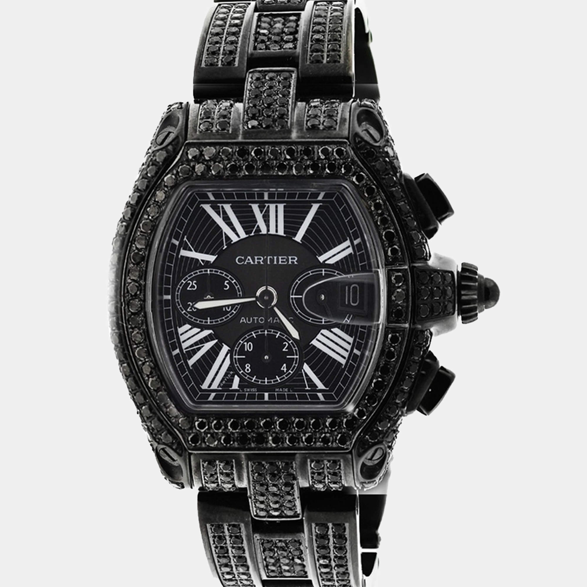 Cartier Customised Black 15.00CT Diamond Stainless Steel Roadster W62020X6 Automatic Men's Wristwatch 47.6mm