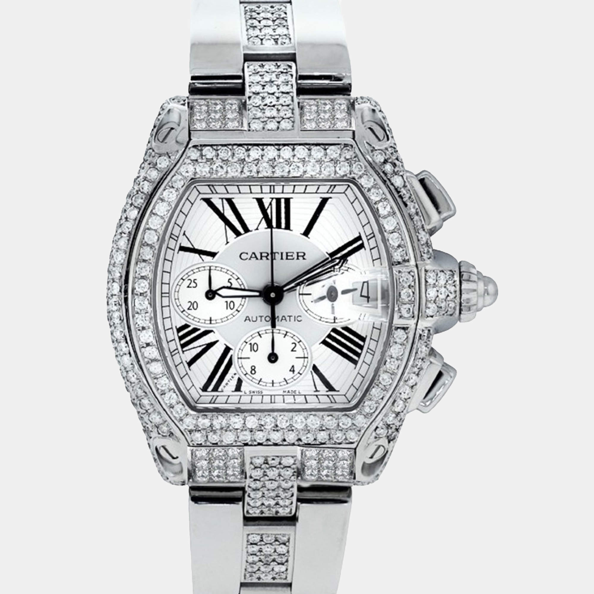 Cartier Customised Silver 11.00CT Diamond Stainless Steel Roadster W62019X6 Automatic Men's Wristwatch 47.6mm