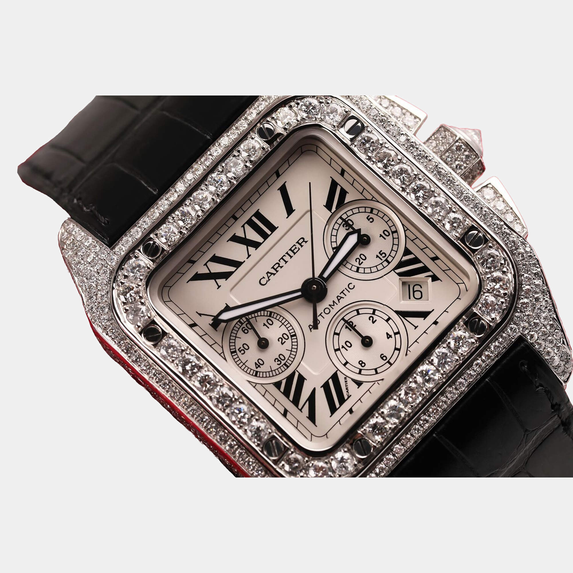 Cartier Customised Silver 17.00CT Diamond Stainless Steel Santos 100  Automatic Men's Wristwatch 41mm