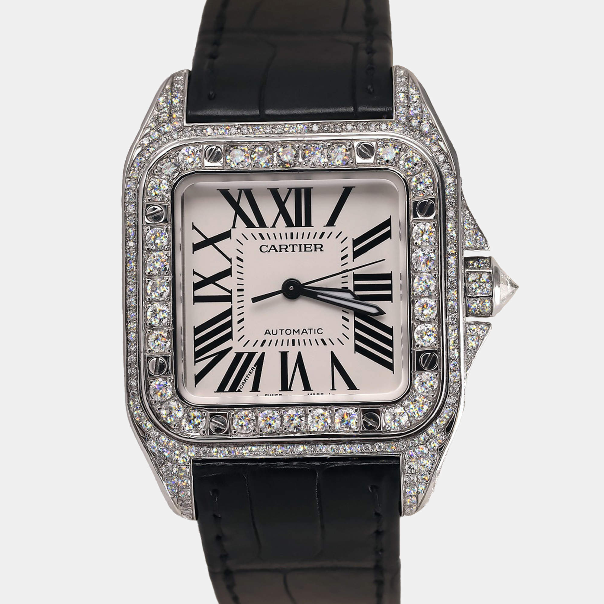 Cartier Customised Silver 15.00CT Diamond Stainless Steel Santos 100 W20073X8 Automatic Men's Wristwatch 41 MM