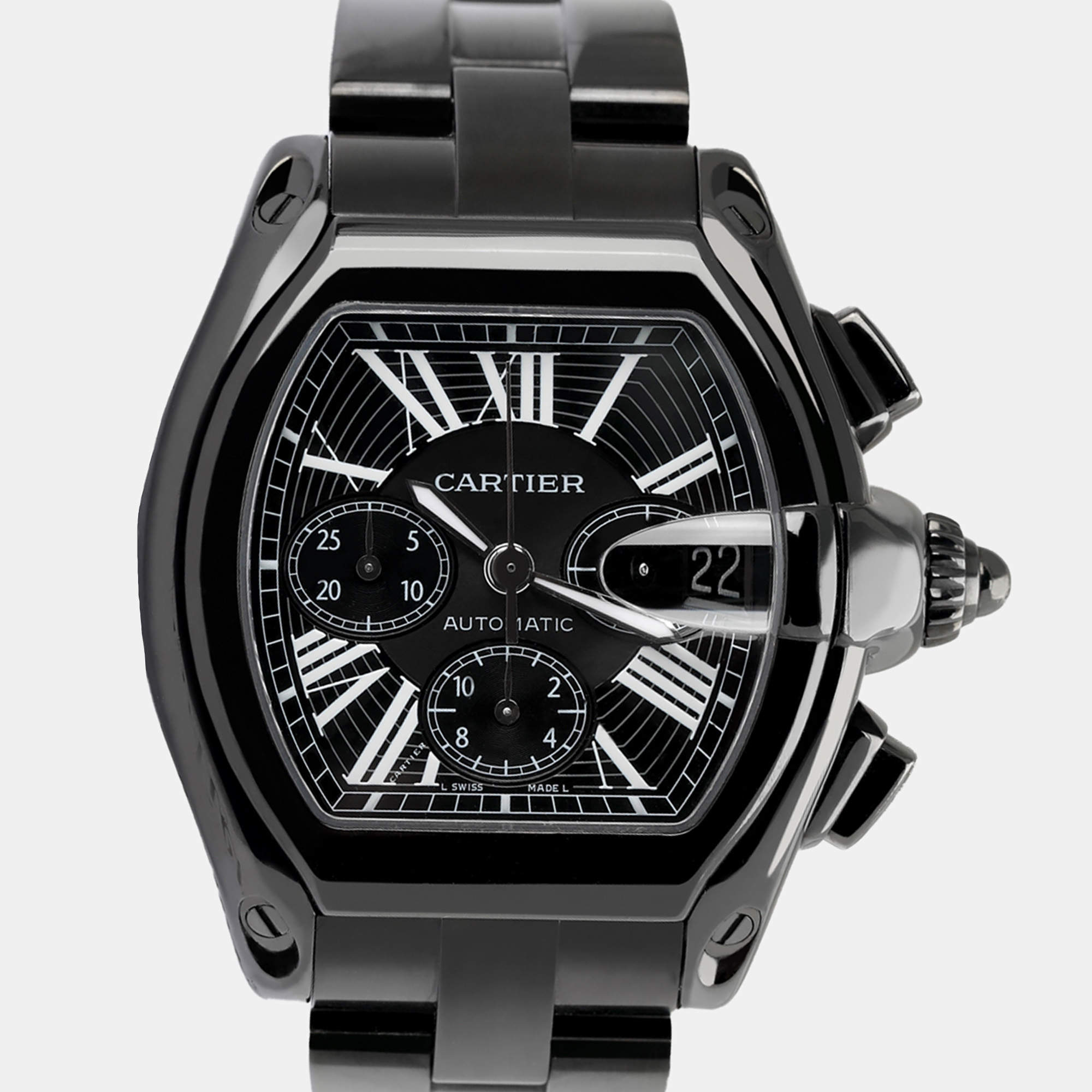 Cartier Customised Black Diamond Stainless Steel Roadster W62020X6 Automatic Men's Wristwatch 48mm