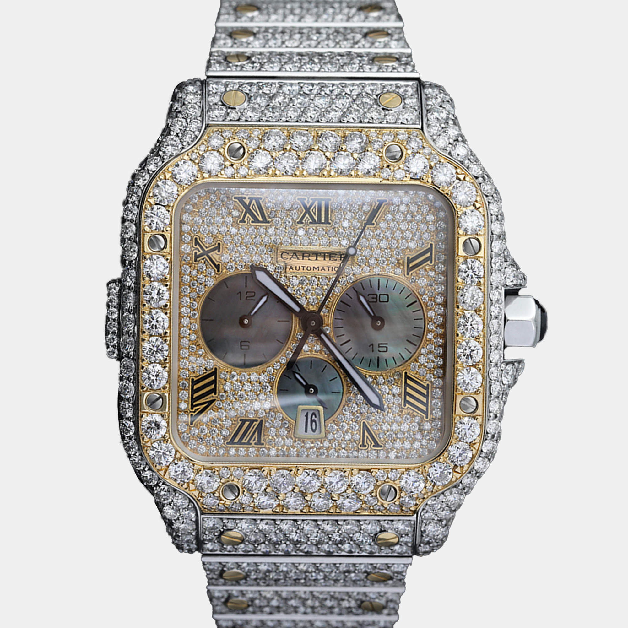 Cartier Customised Blue 33.00CT Diamond 18K Yellow Gold Stainless Steel Santos de Cartier 1904 Automatic Men's Wristwatch 43.3 mm