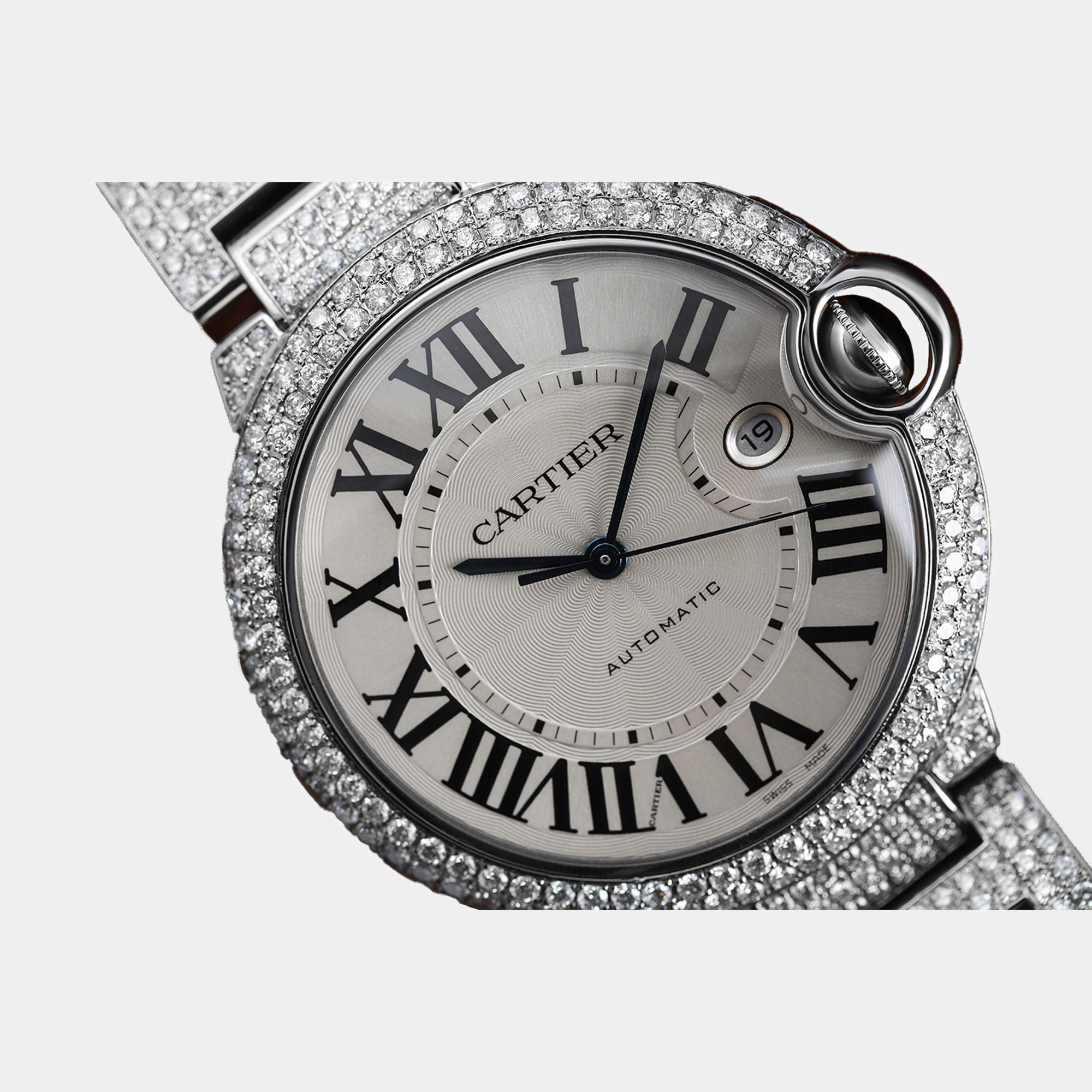 Cartier Customised Blue Diamond Stainless Steel Ballon Bleu Automatic Men's Wristwatch 42 mm