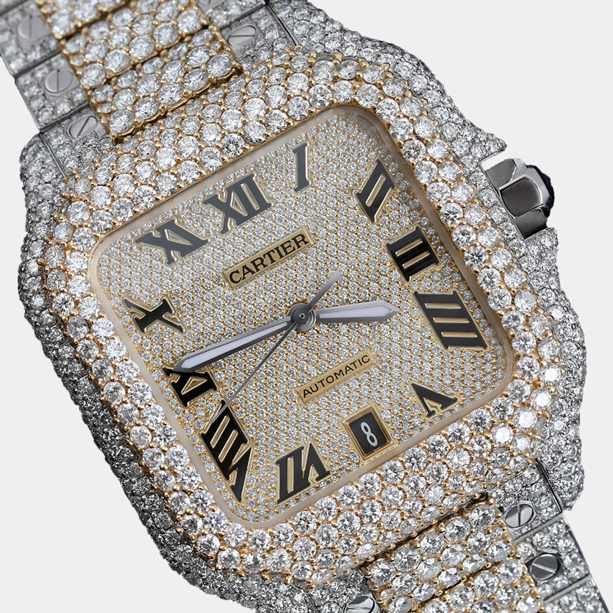 Cartier Customised Black 28CT Diamond 18K Yellow Gold Santos de Cartier 1847 Automatic Men's Wristwatch 39.50 MM