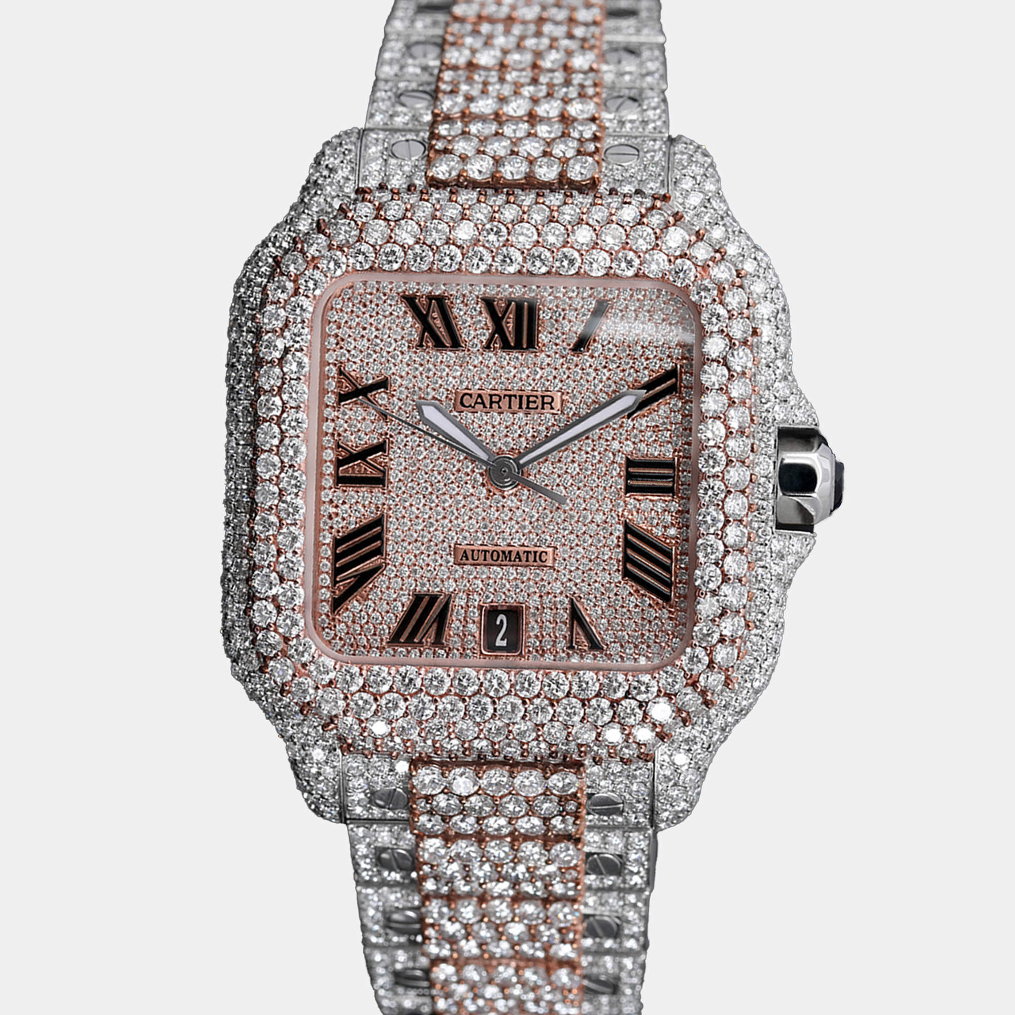 Cartier Customised Black 28CT Diamond 18K Yellow Gold Stainless Steel Santos de Cartier 1847 Automatic Men's Wristwatch 39.50 MM