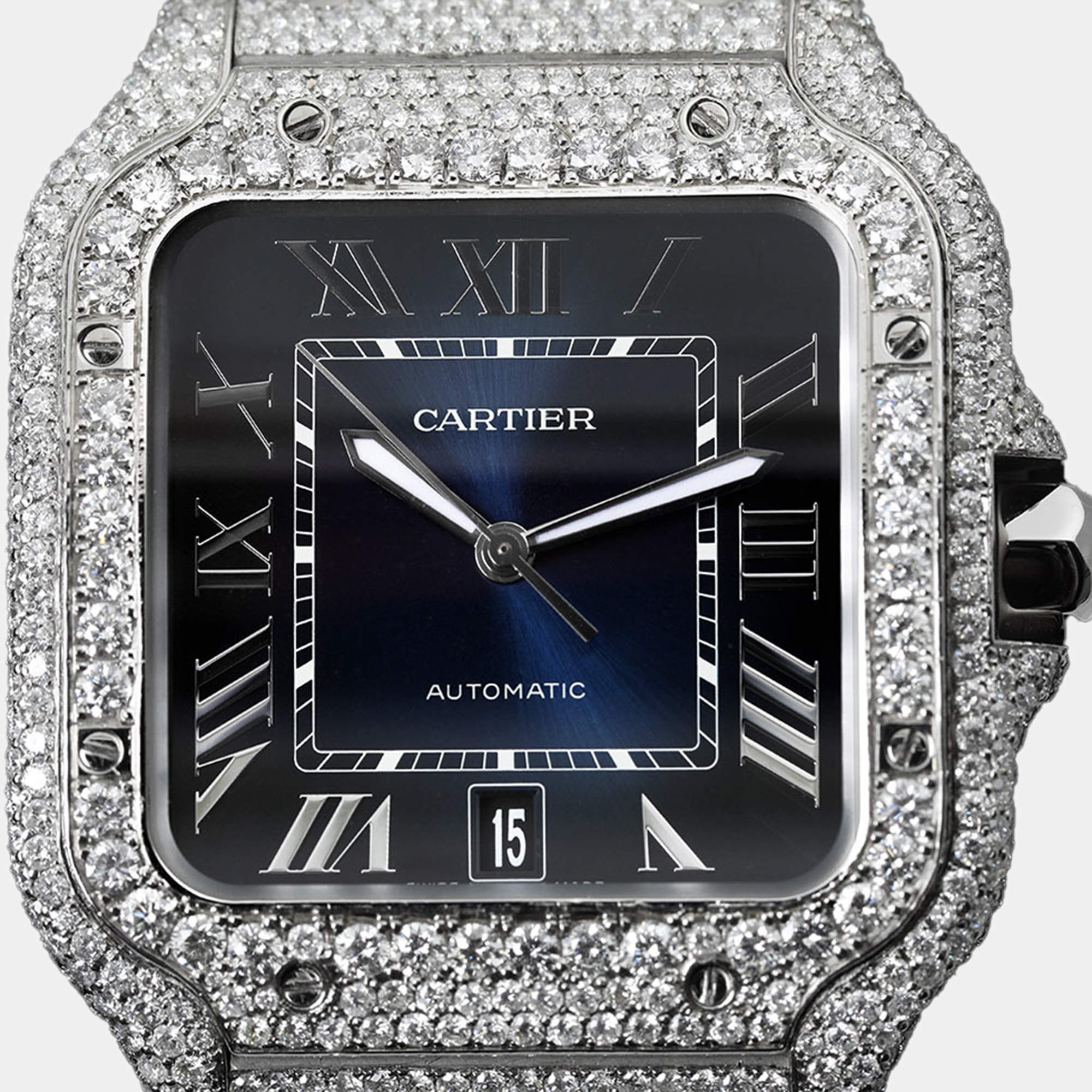 Cartier Customised Blue 25CT Diamond Stainless Steel Santos 1847 Automatic Men's Wristwatch 39.50 MM