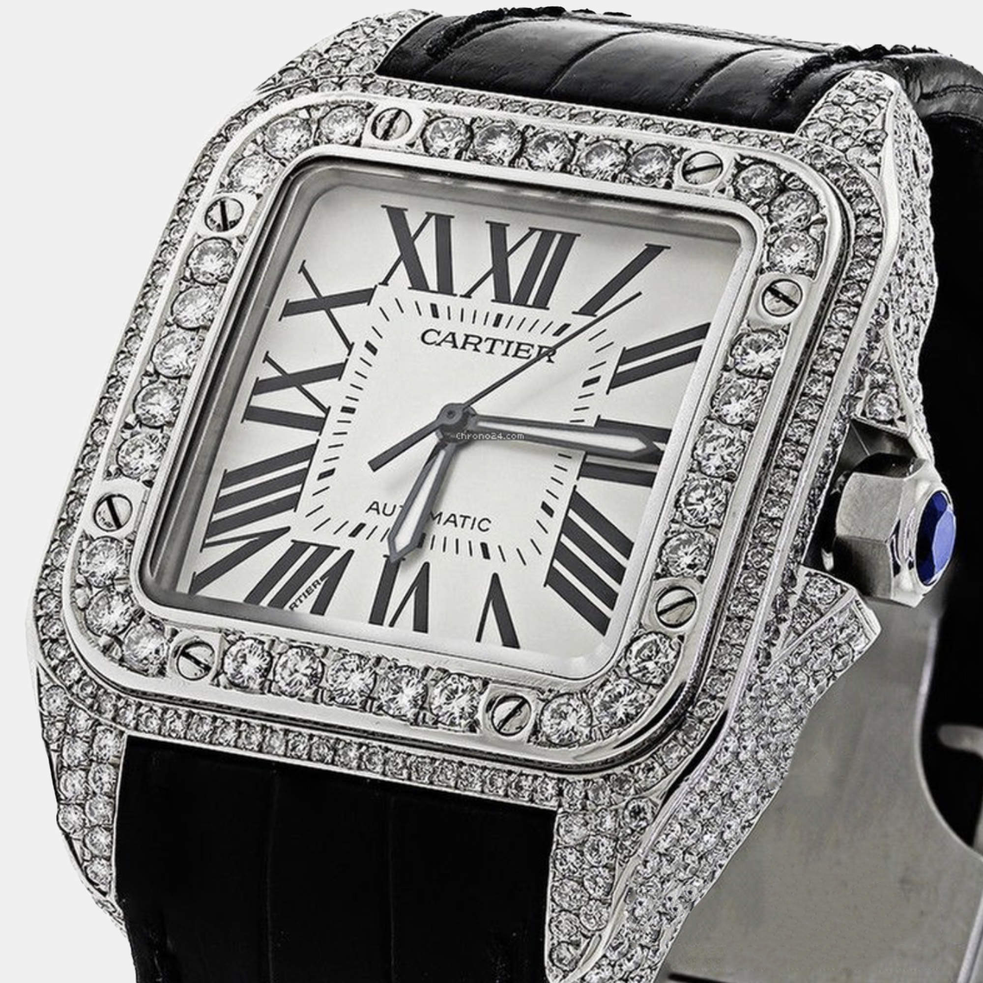 Cartier Customised Silver 14.00CT Diamond Stainless Steel Santos 100 W20073X8 Automatic Men's Wristwatch 41 MM
