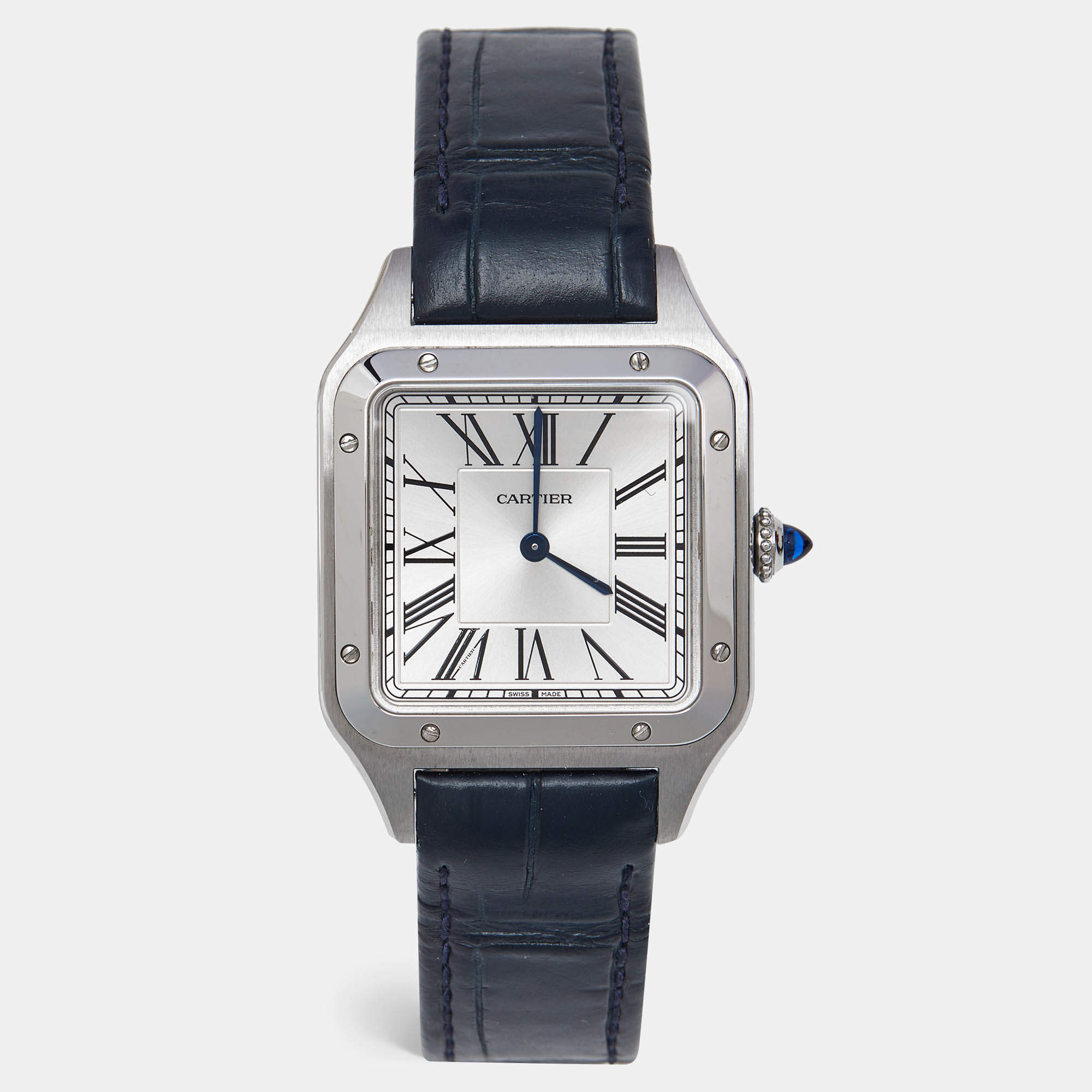 Pre Owned Cartier Silver Stainless Steel Alligator Leather Santos-Dumont WSSA0022 Women's Wriswatch 31.40 mm